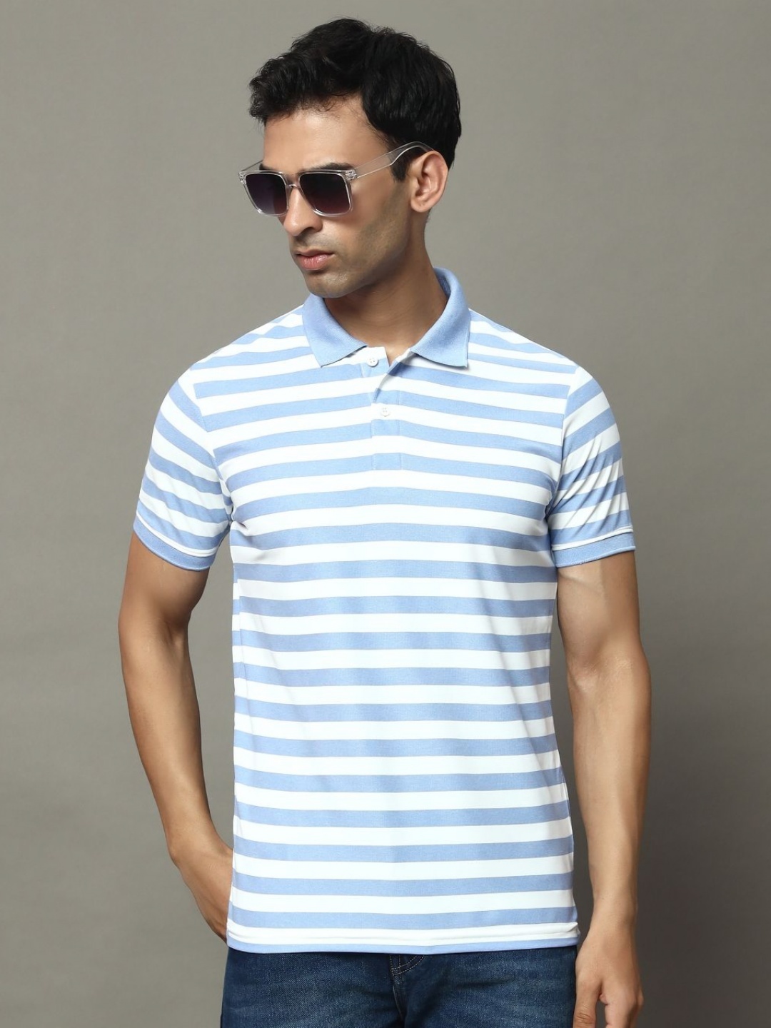 

OGEN Men Striped Polo Collar Pockets T-shirt, Blue