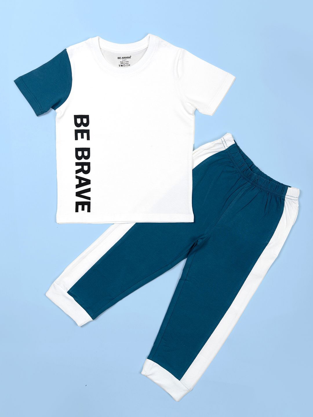 

BE AWARA Kids Colourblocked Pure Cotton T-shirt With Joggers, Blue