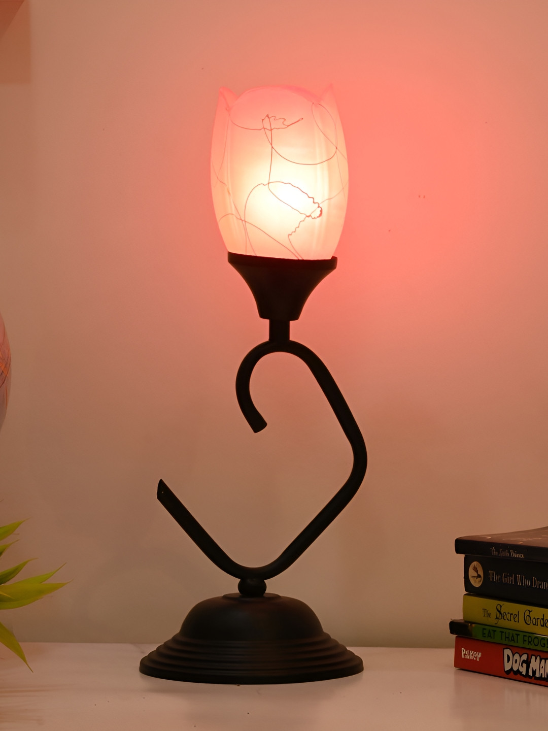 

Afast Pink & Black Printed Traditional Bell Shaped Glass Table Lamp With Adjustable Cord