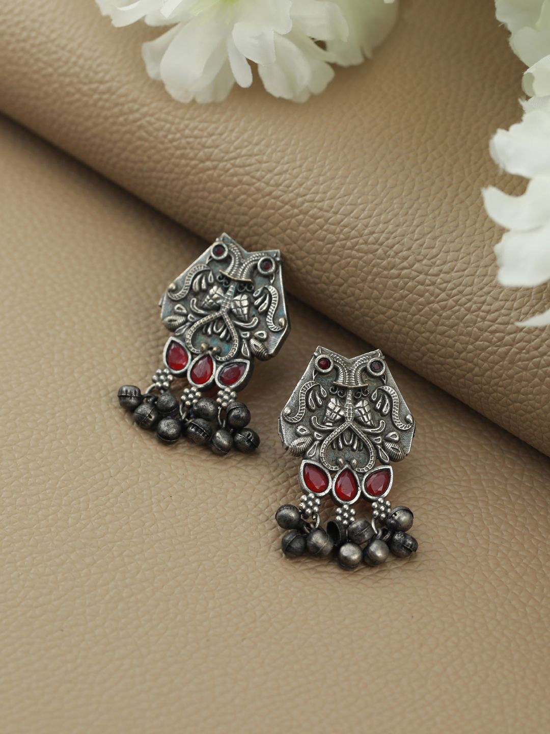 

Jazz and Sizzle Silver Plated Contemporary Artificial Stone Studded Oxidised Drop Earrings, Red