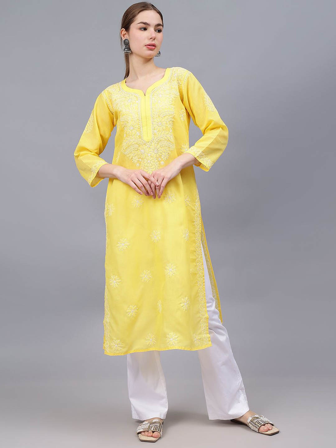 

Seva Chikan Floral Embroidered V-Neck Lucknowi Chikankari Cotton Straight Kurta, Yellow