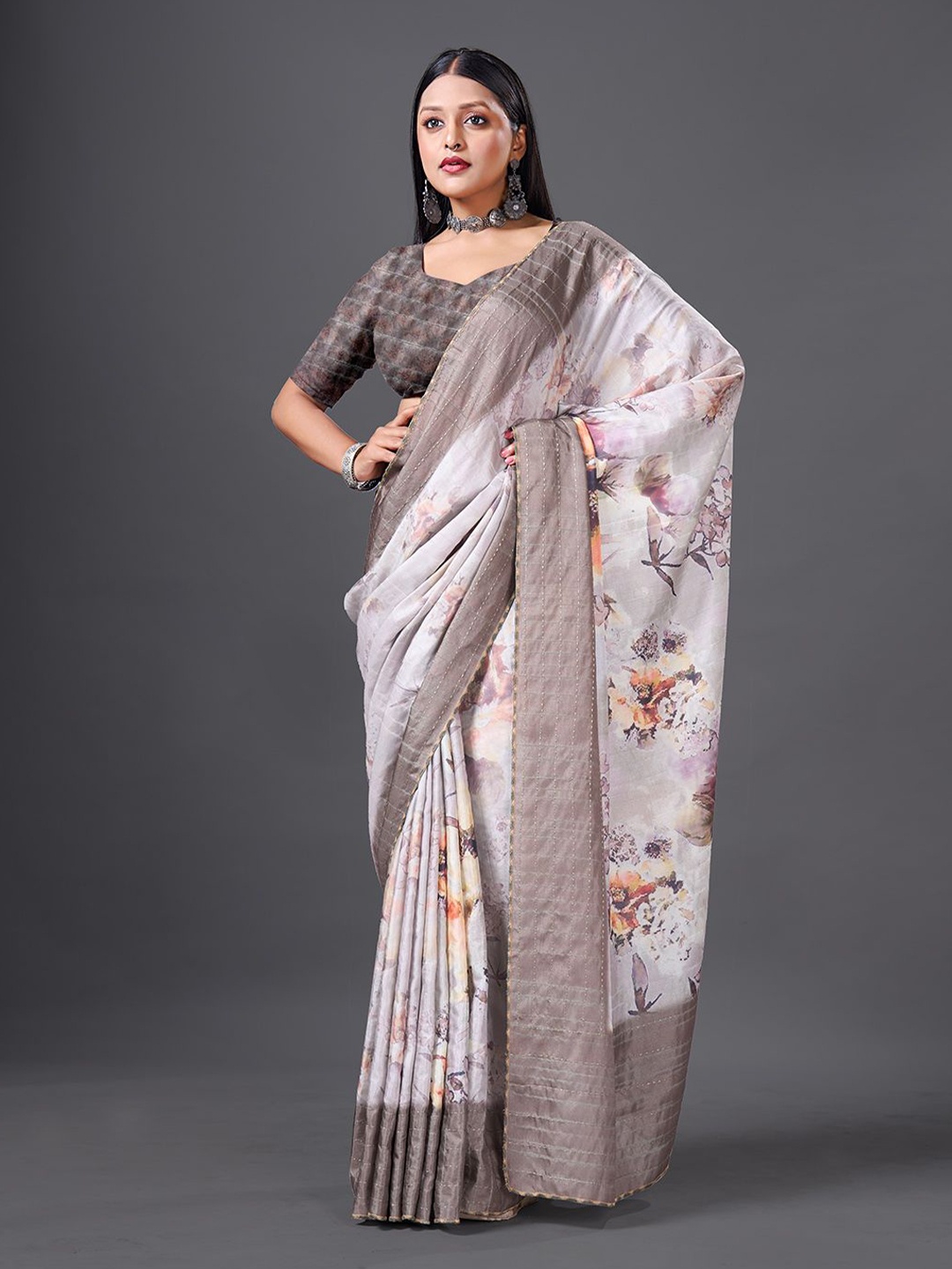 

HEER FASHION Floral Embroidered Silk Blend Tussar Saree, Brown