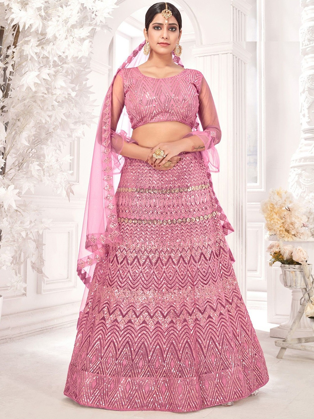 

VARNI FABRICS Embroidered Semi-Stitched Lehenga & Unstitched Blouse With Dupatta, Pink