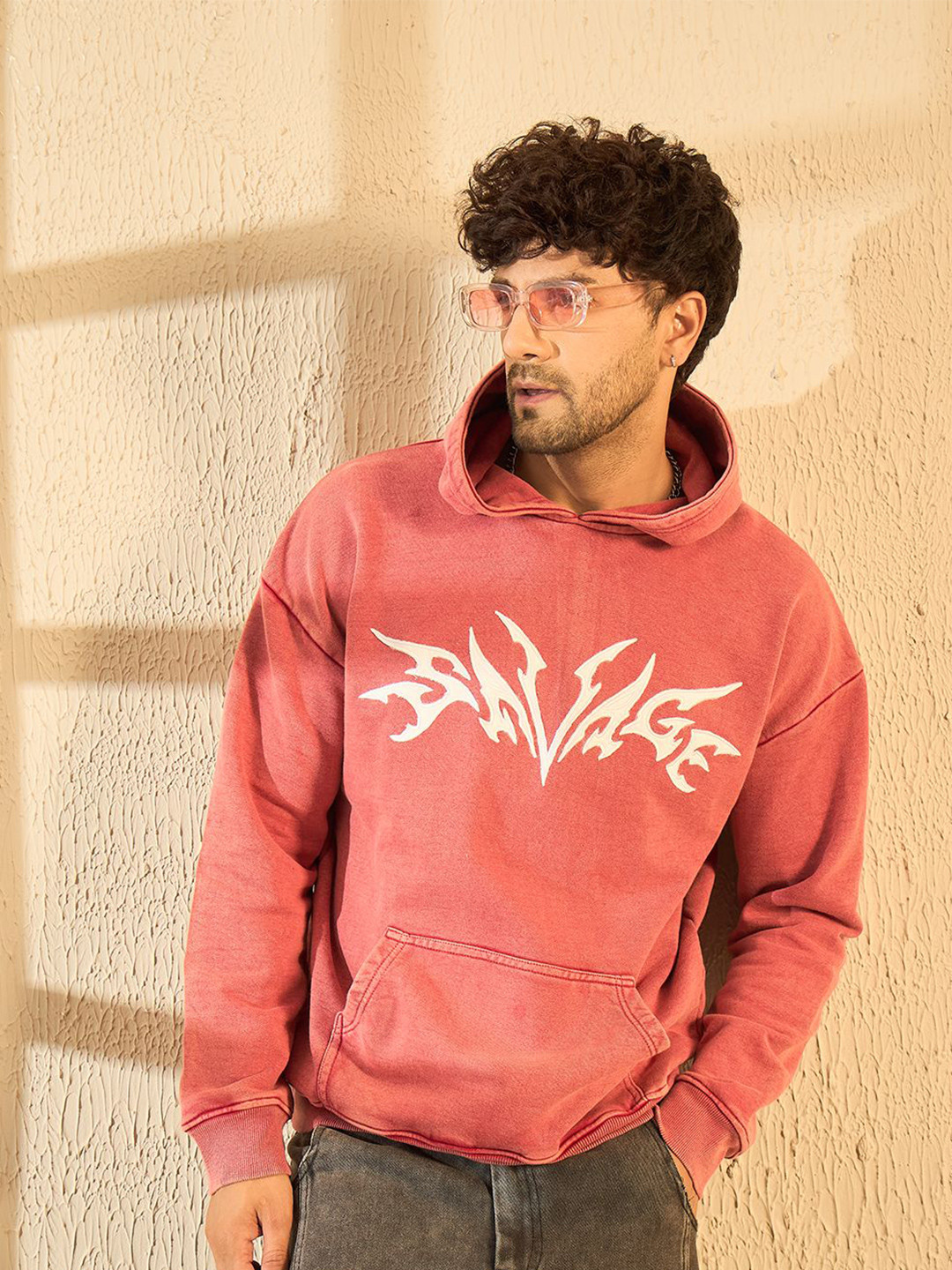 

FUGAZEE Men Embroidered Hooded Sweatshirt, Peach