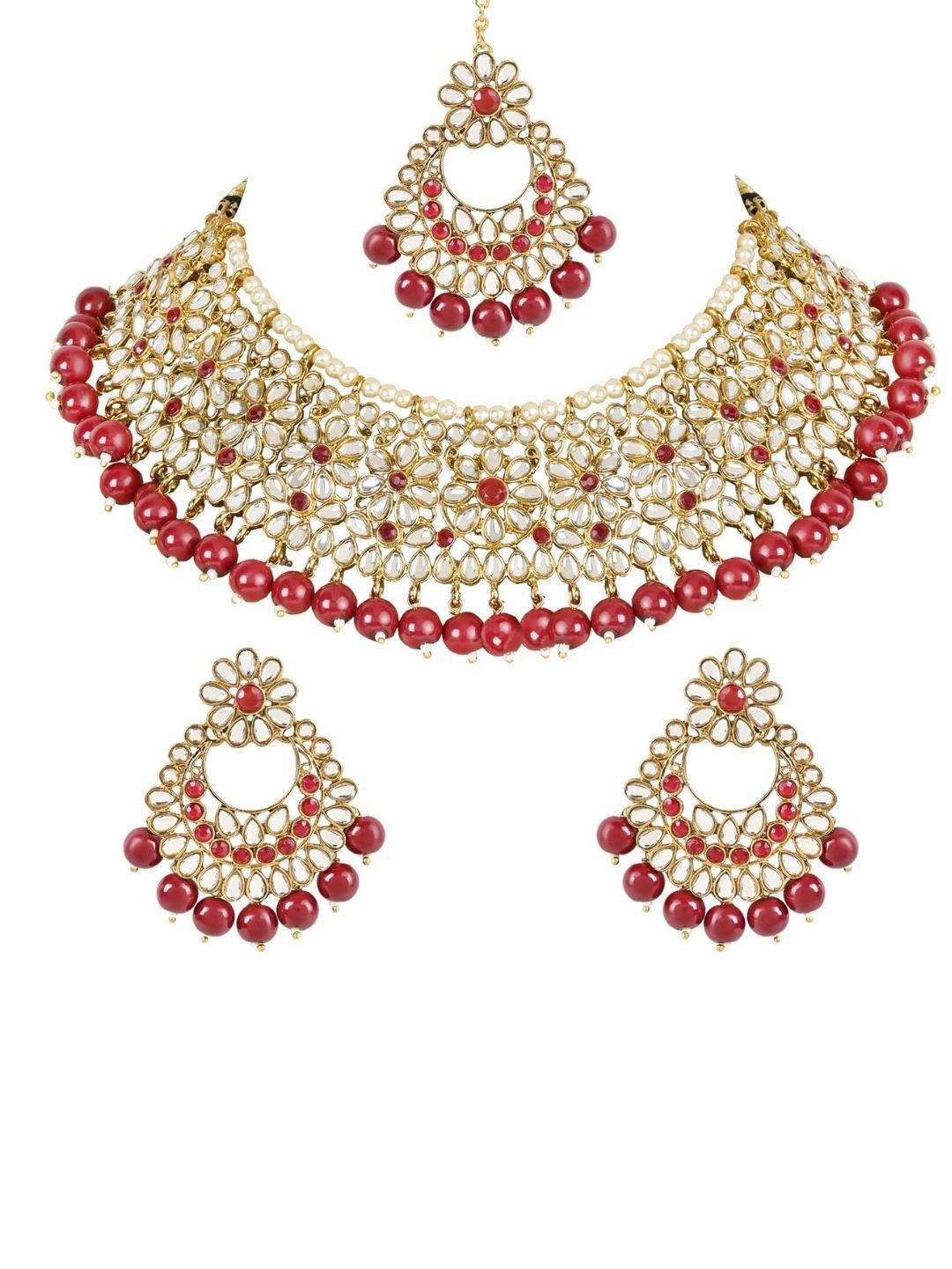 

I Jewels Gold Plated Kundan Studded & Beaded Bridal Jewellery Set