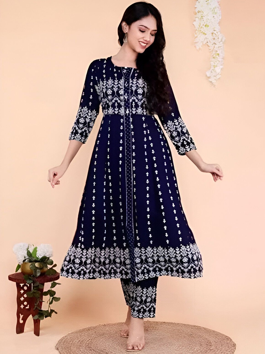 

Parth Fab Ethnic Motifs Printed Notched Neck A-Line Kurta With Trousers, Blue
