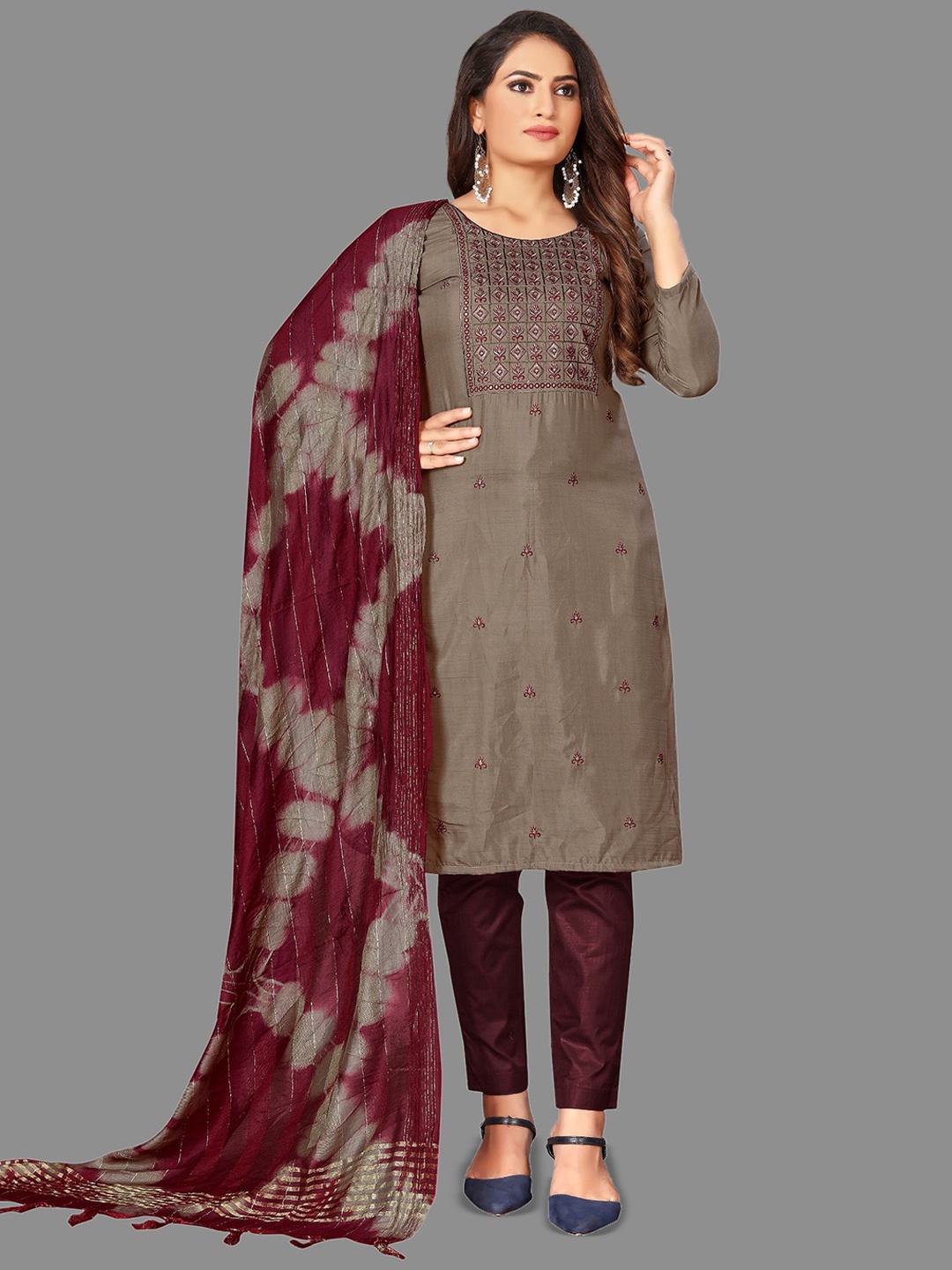 

Aika Floral Embroidered Unstitched Dress Material, Brown