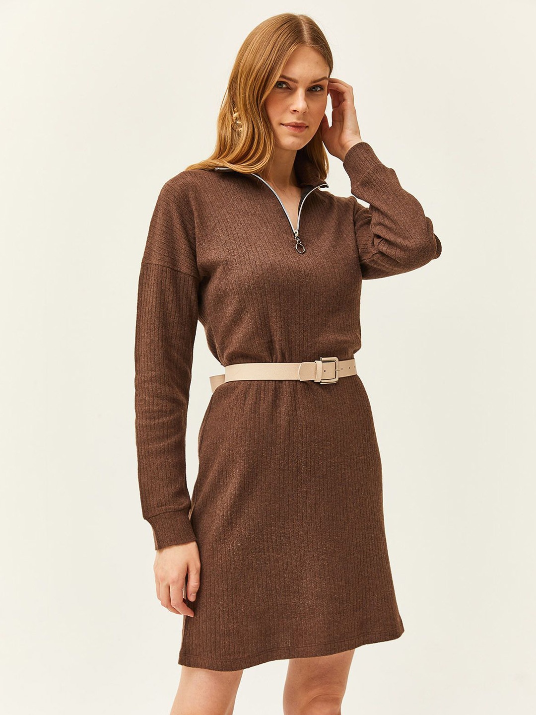 

Olalook Pure Cotton Belted A-Line Dress, Brown