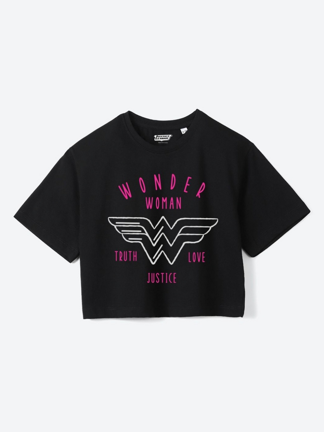 

YK Justice League Girls Wonder Woman Printed Pure Cotton Boxy T-shirt, Black
