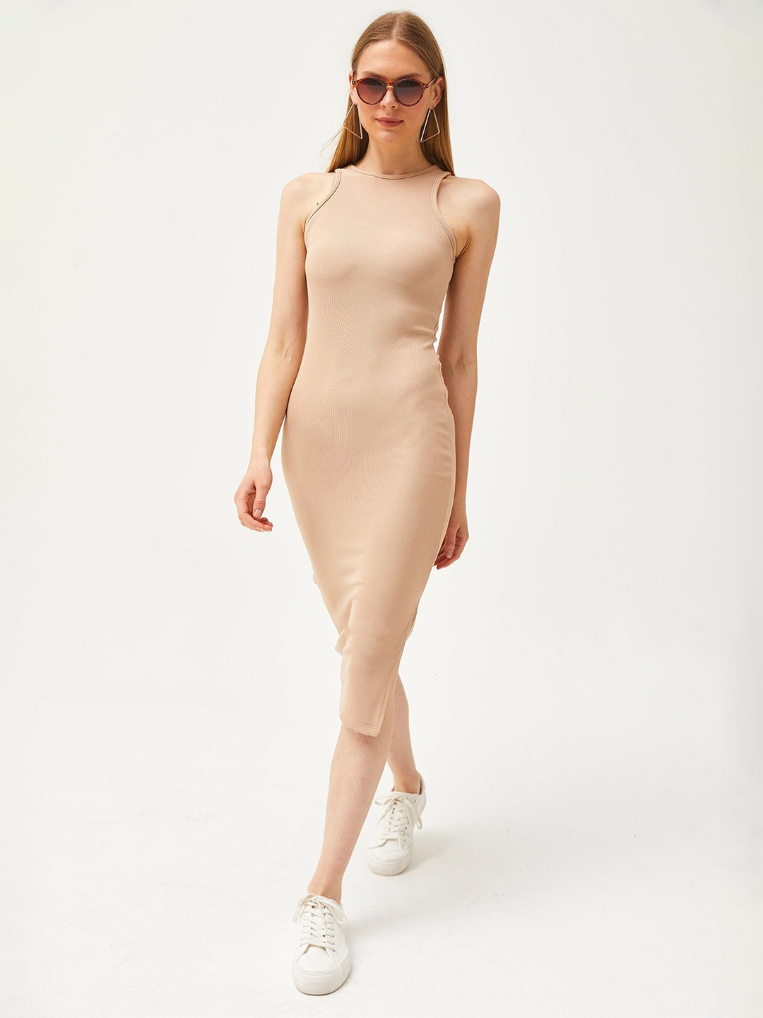 

Olalook Solid Sleeveless Bodycon Midi Dress, Beige
