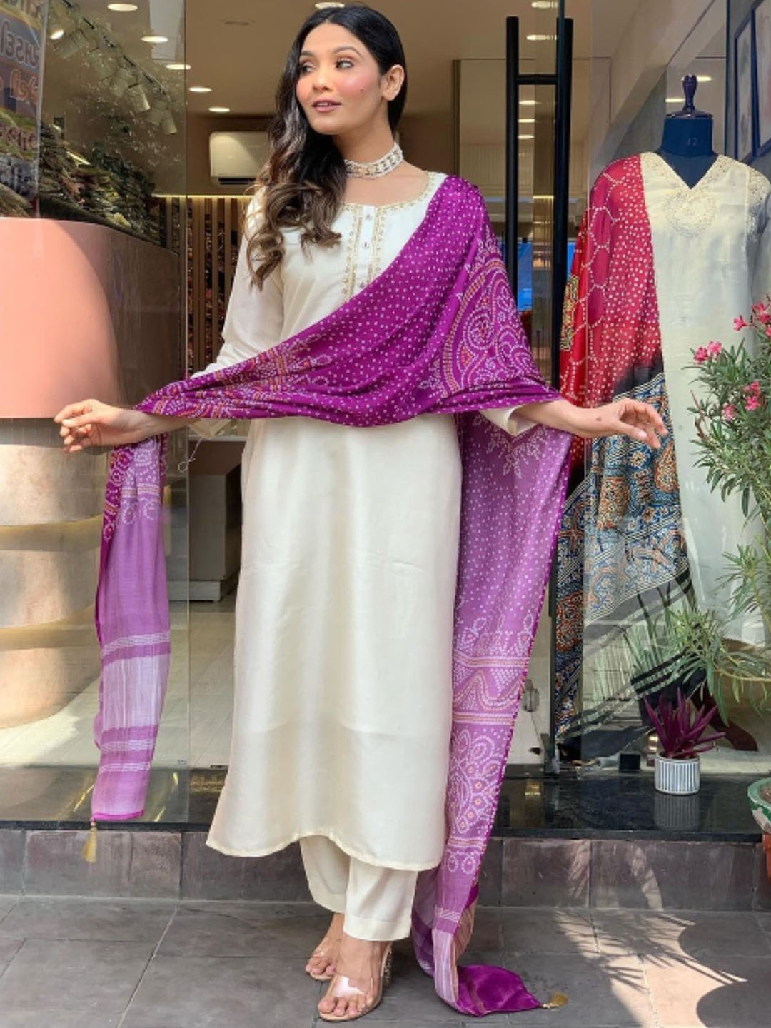 

KALINI Floral Yoke Design Sequinned Chanderi Silk Kurta with Trousers & Dupatta, Off white