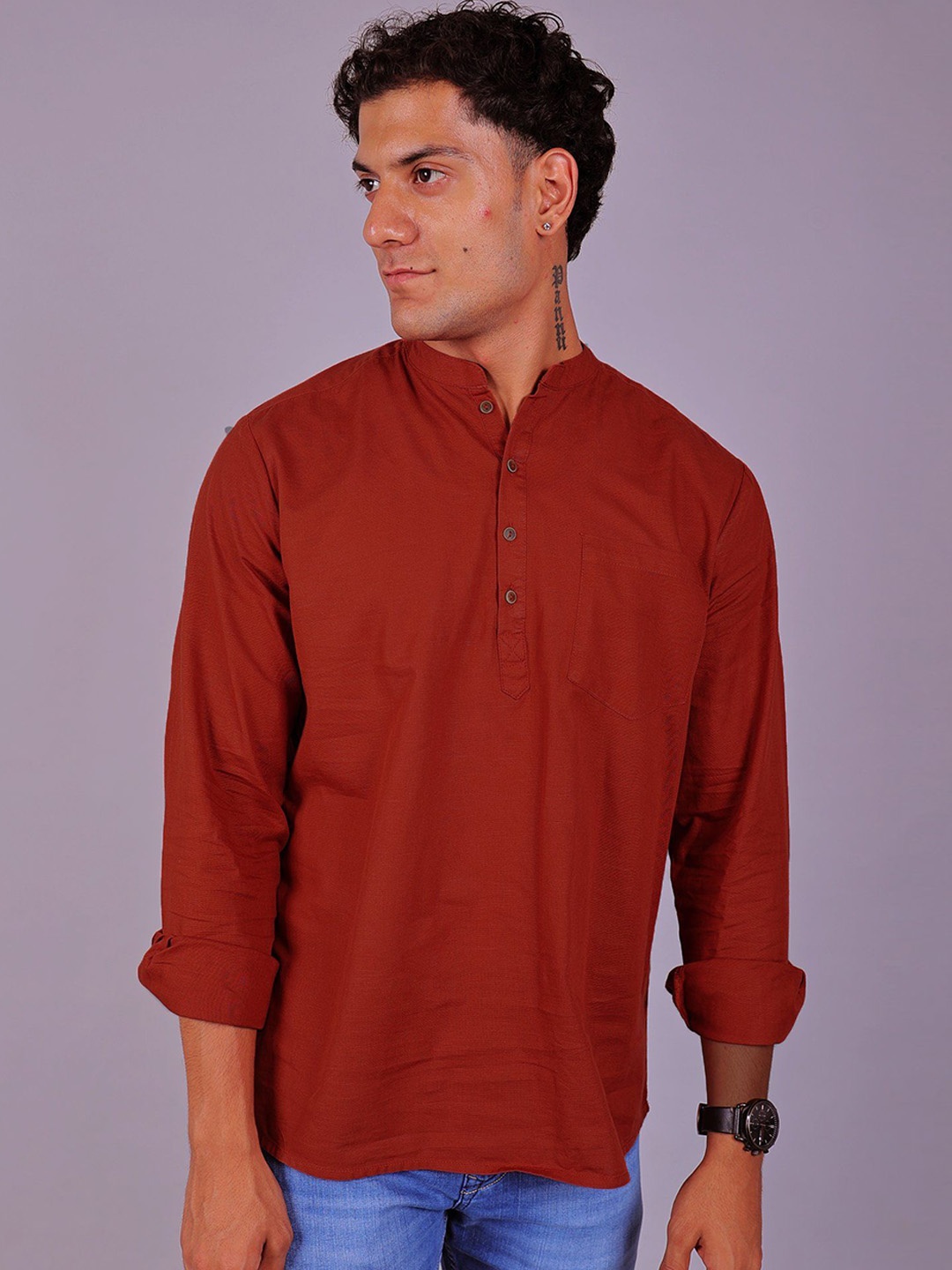 

BLUEBIRD Mandarin Collar Pure Cotton Kurta, Red