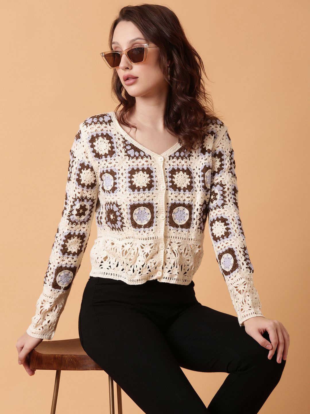 

SHOWOFF Self Design V-Neck Crop Button Shrug, Cream