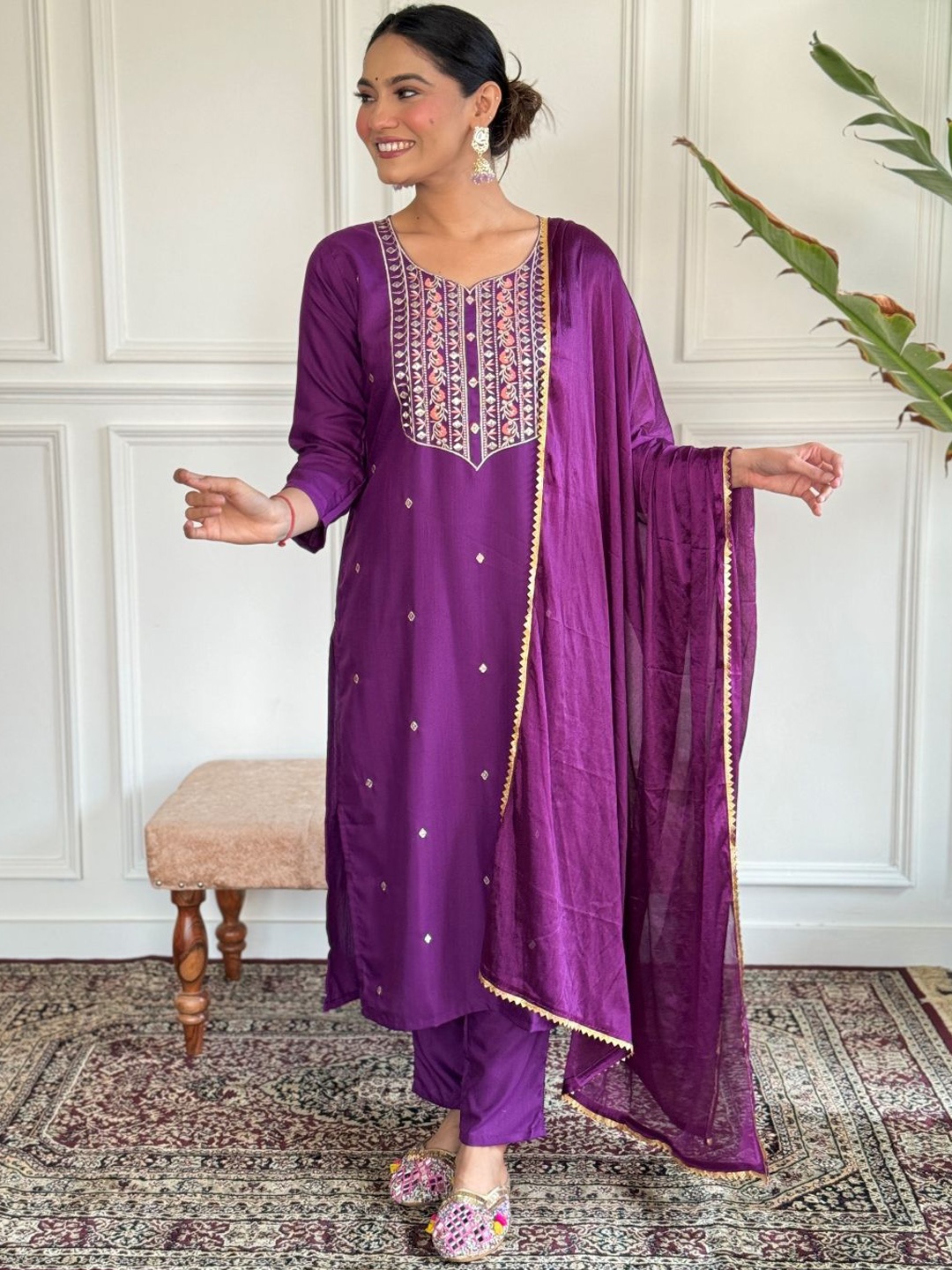 

KALINI Floral Embroidered Straight Kurta With Trouser & Dupatta, Purple