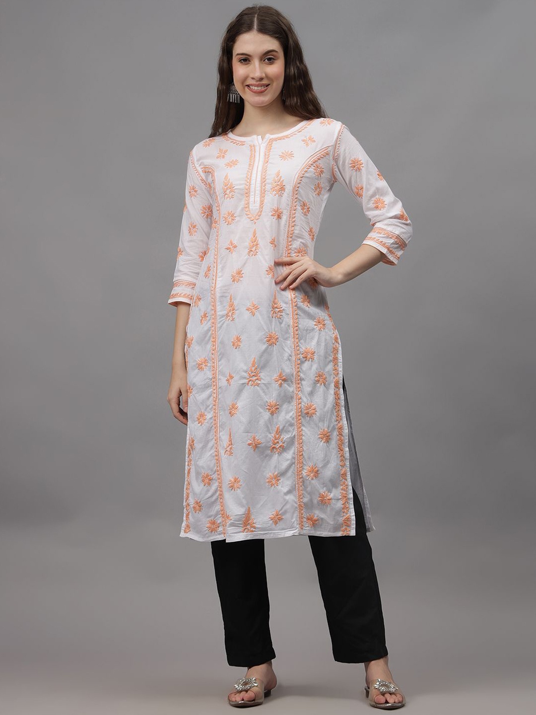

Seva Chikan Ethnic Motifs Embroidered Lucknowi Chikankari Cotton Straight Kurta, White