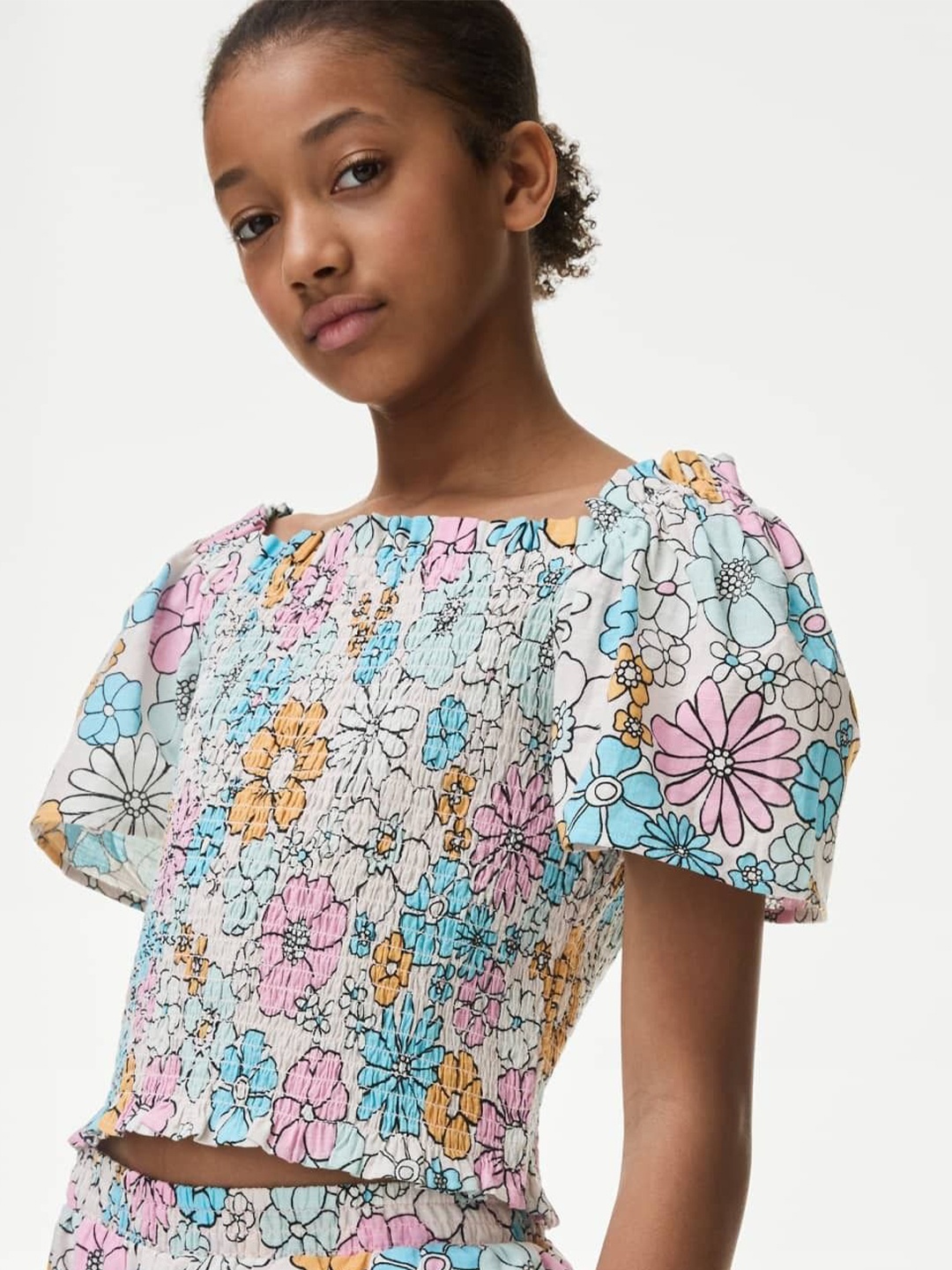 

Marks & Spencer Floral Print Flared Sleeve Cotton Top, Multi