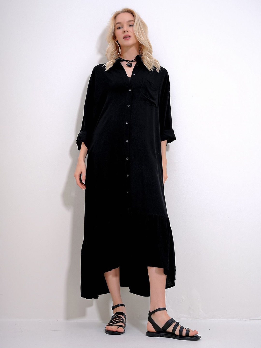

Trend Alacati stili Abstract A-Line Midi Shirt Dress, Black