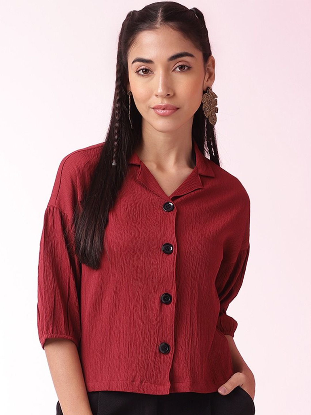 

FashionsEye Bishop Sleeves Boxy Crop Top, Red