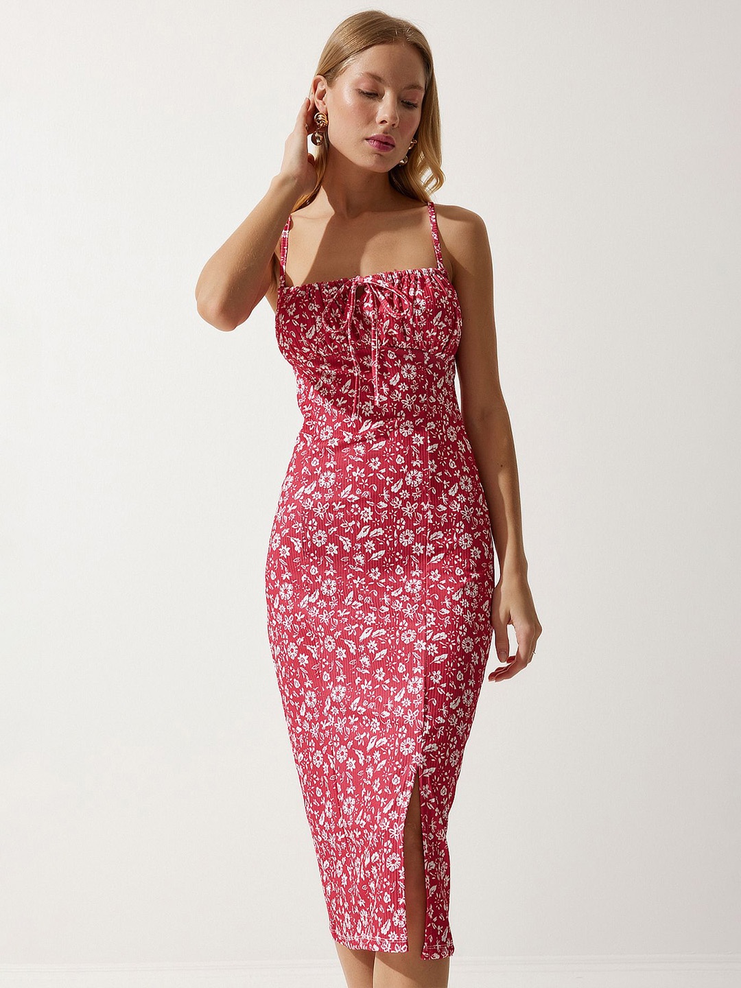 

Happiness istanbul Floral Printed Bodycon Midi Dress, Pink