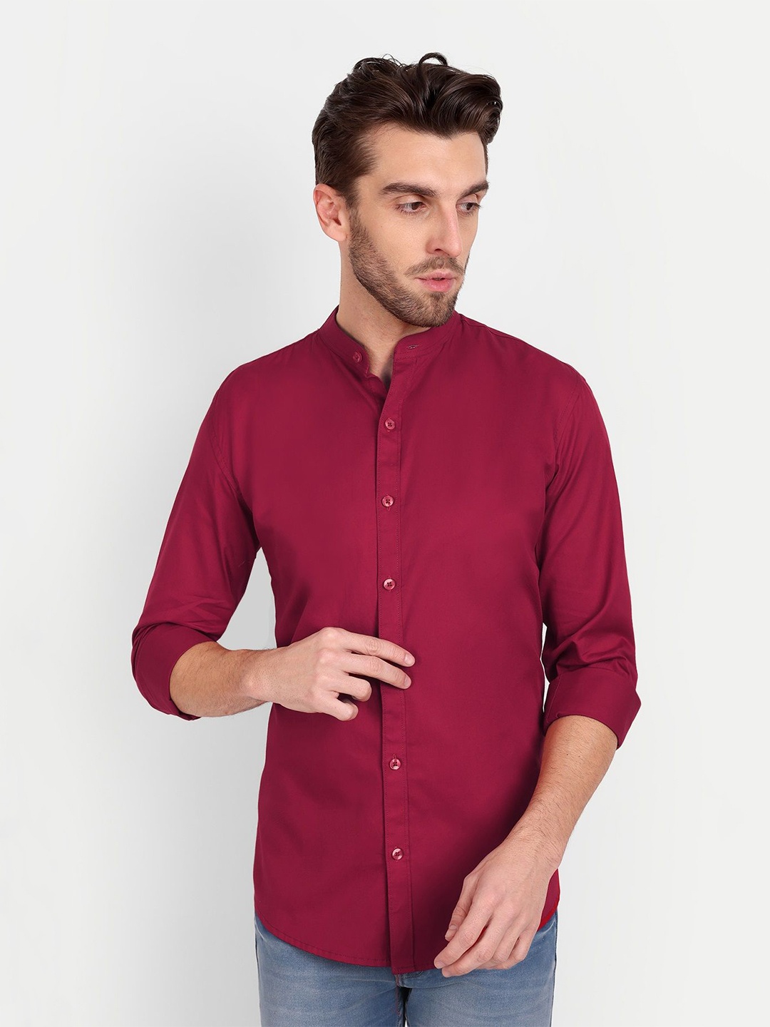 

MEGHZ Men Slim Fit Opaque Casual Shirt, Maroon