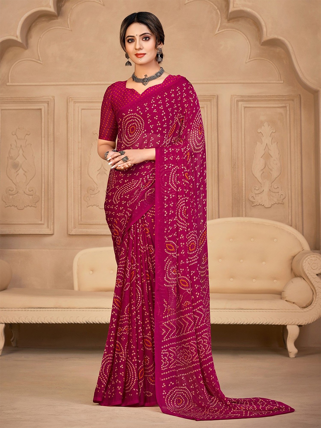 

Panzora Bandhani Poly Chiffon Saree, Pink