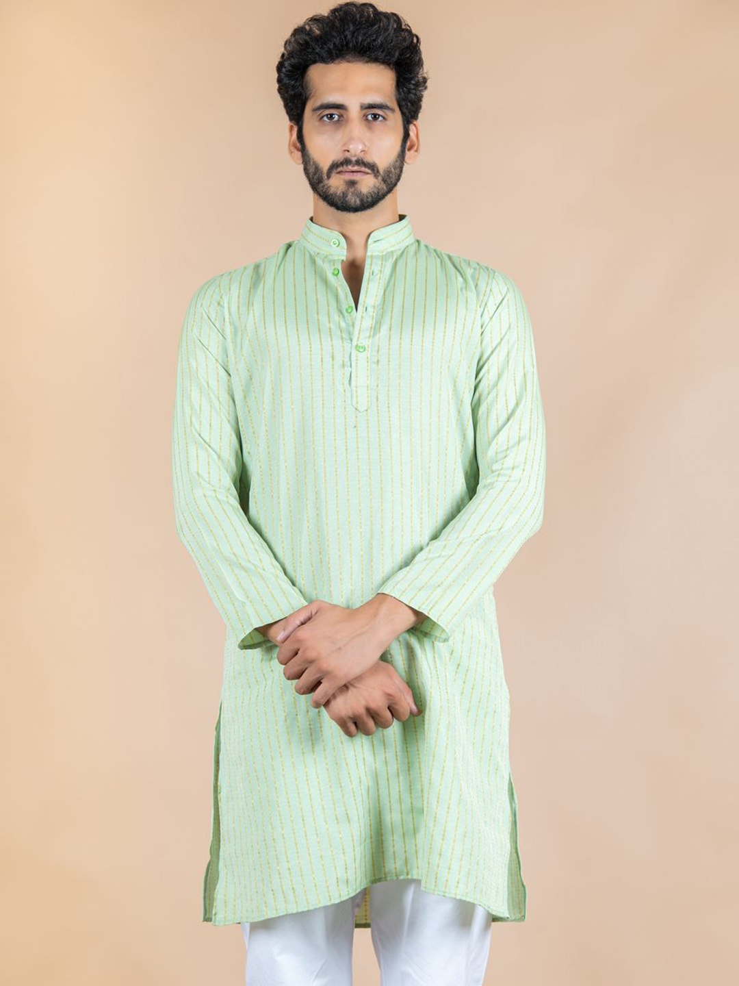 

Tistabene Striped Mandarin Collar Cotton Straight Kurta, Green