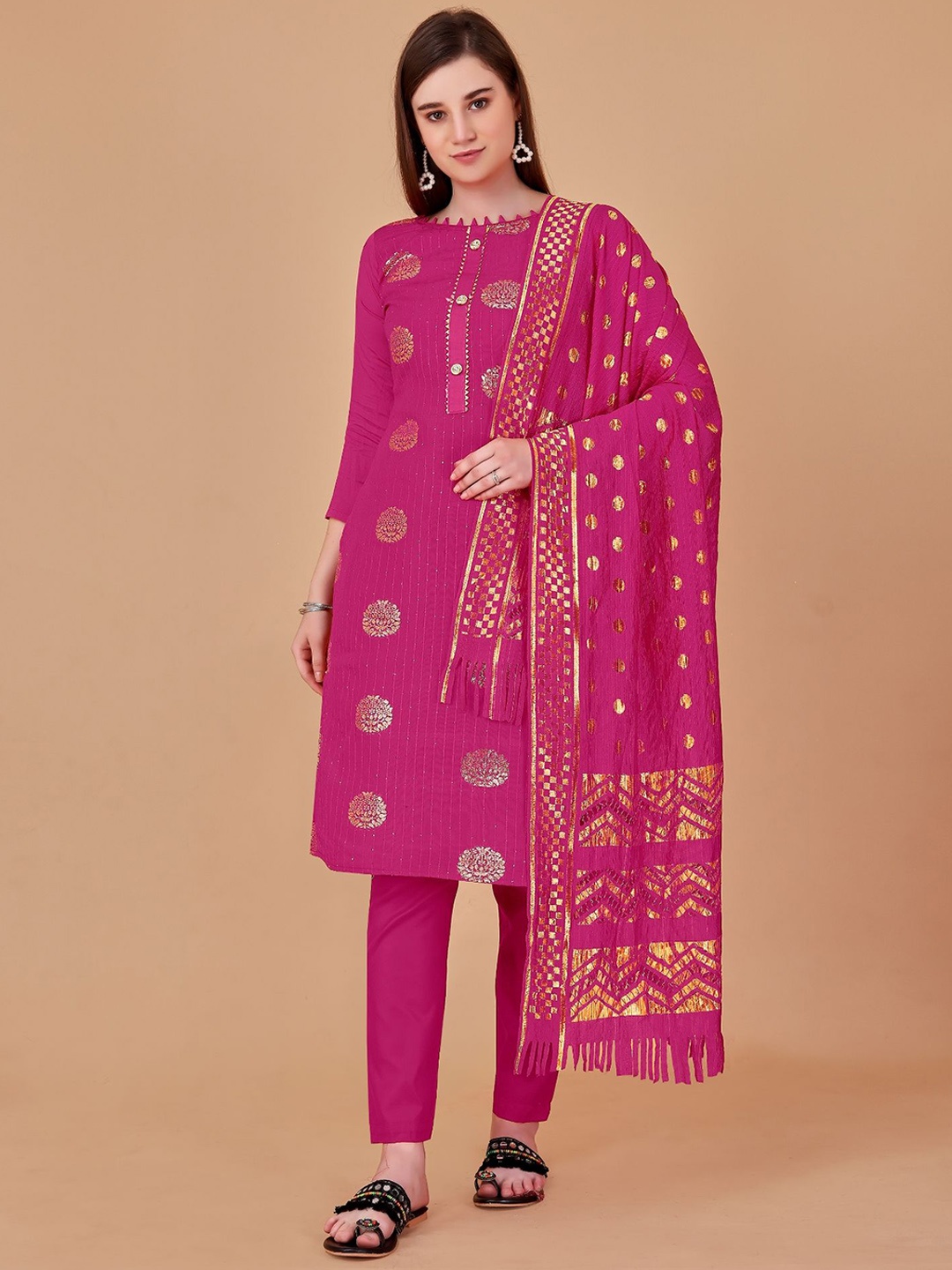 

Aika Ethnic Motifs Woven Design Zari Unstitched Dress Material, Pink