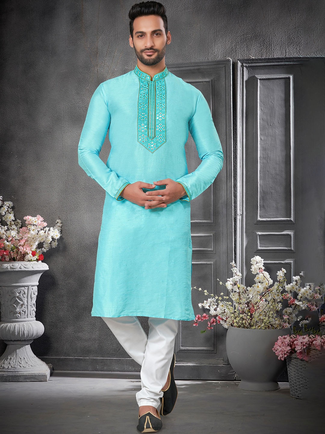 

BERISTON Geometric Yoke Design Mirror Work Pure Silk Straight Kurta with Pyjamas, Blue