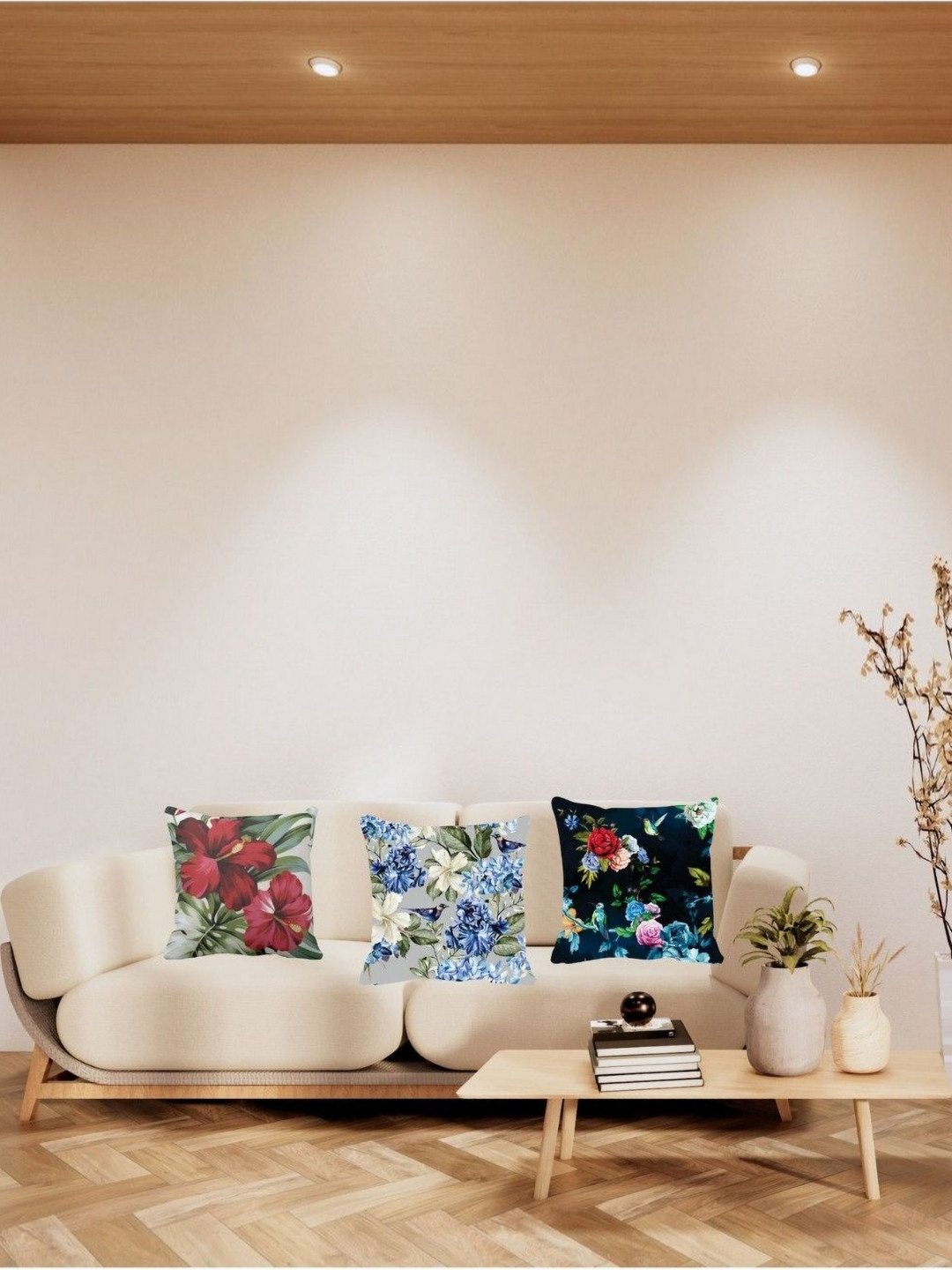 

THEYAYACAFE Grey & Blue 3 Pieces Floral Velvet Square Cushion Covers
