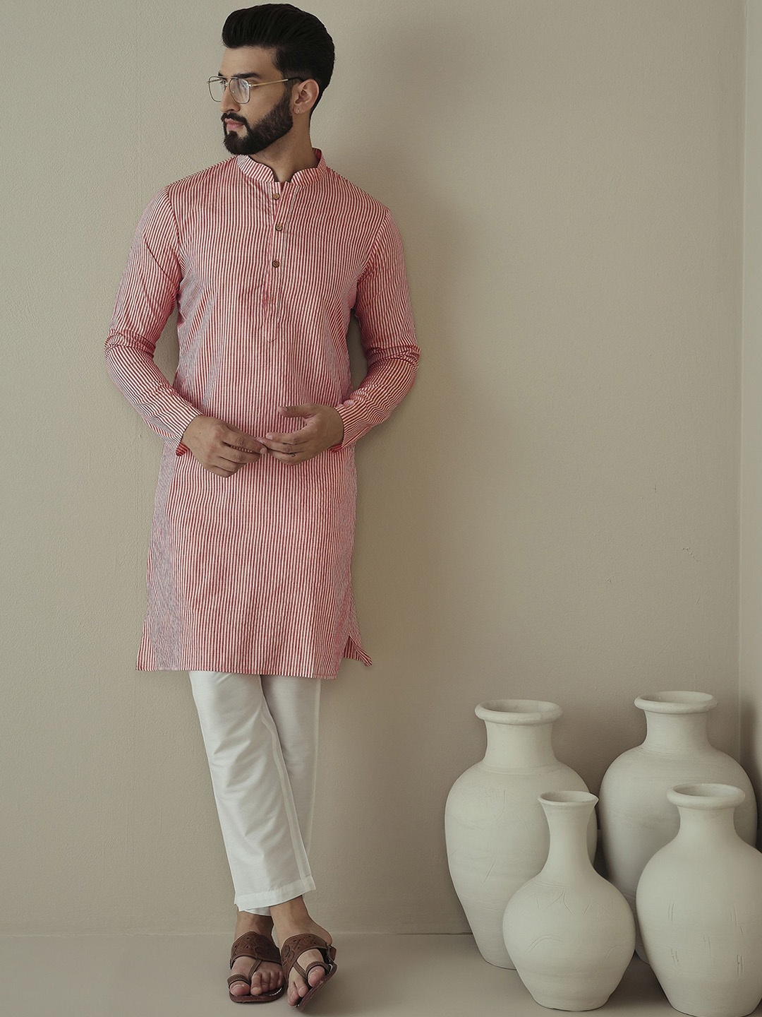 

Inddus Men Striped Regular Kurta with Trousers, Pink