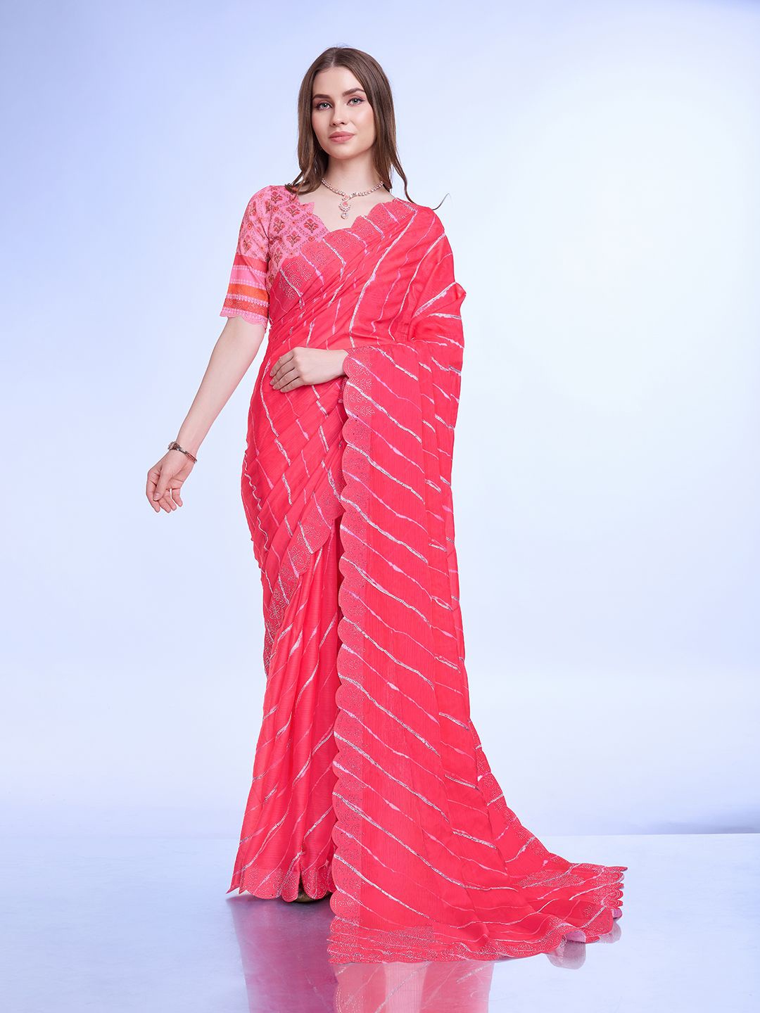 

all about you Striped Gotta Patti Poly Chiffon Leheriya Saree, Pink