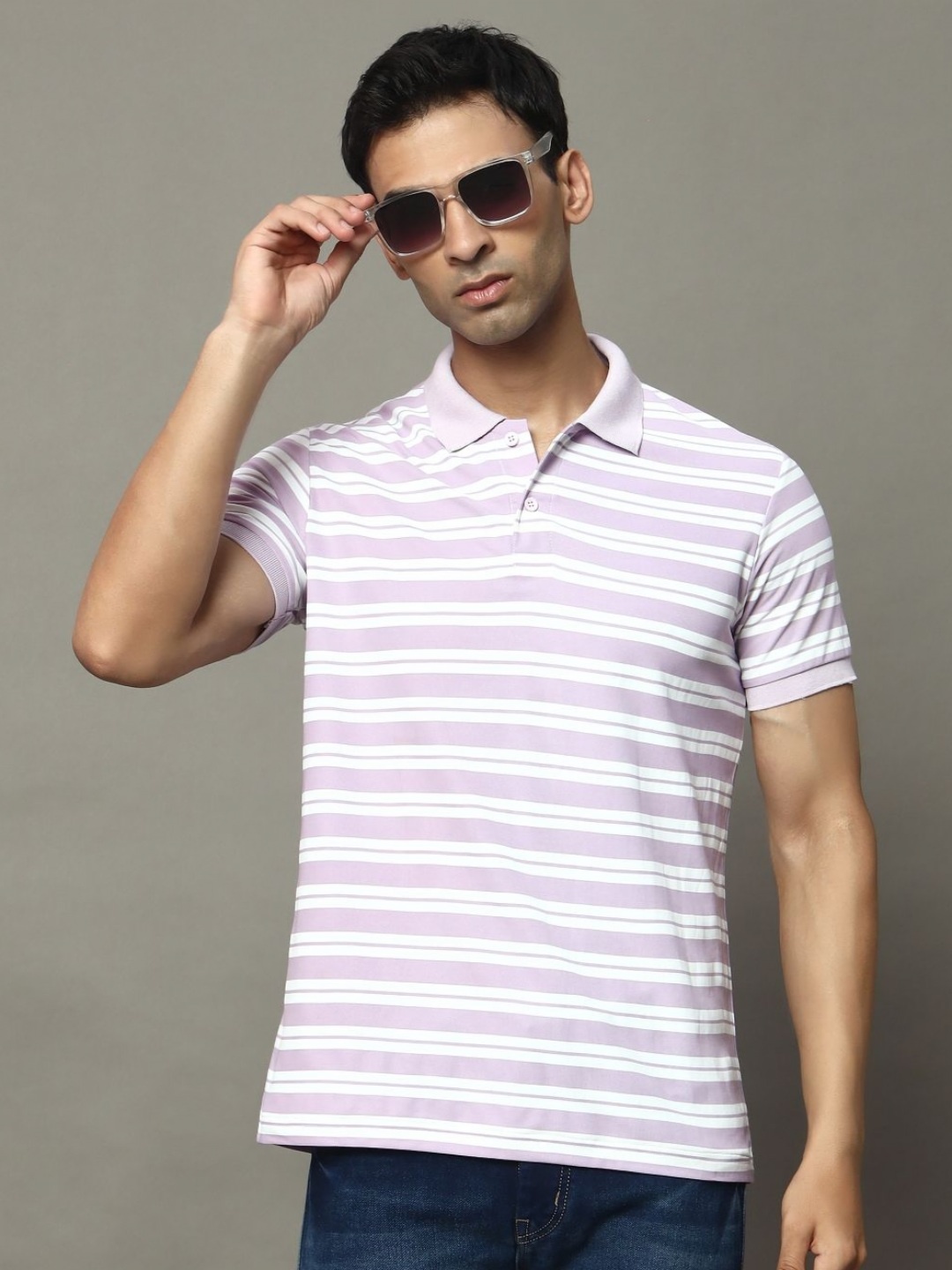 

OGEN Men Striped Polo Collar Pockets T-shirt, Lavender