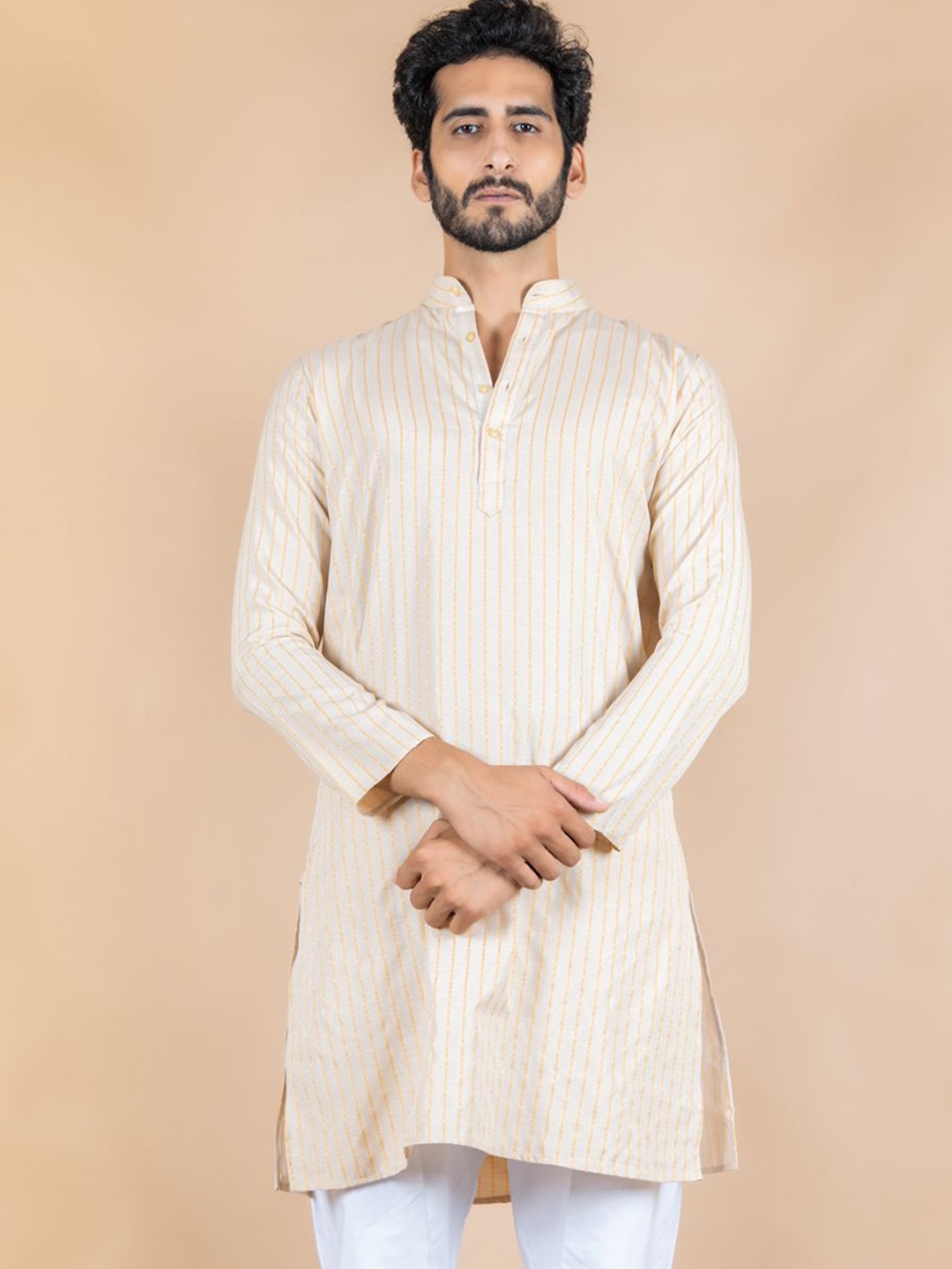 

Tistabene Striped Mandarin Collar Cotton Silk Straight Kurta, Beige