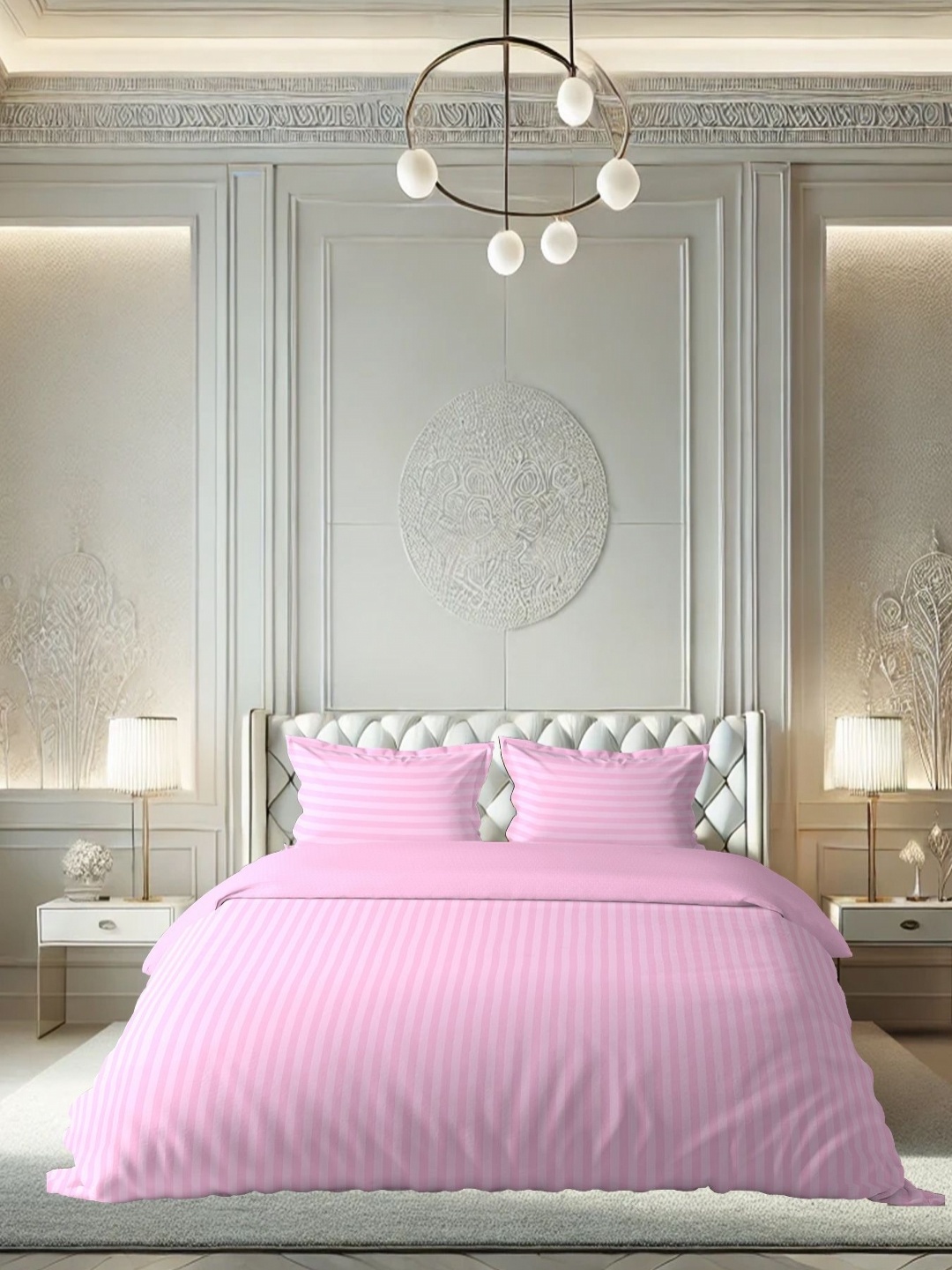 

borato Pink & White Striped 210 TC King Bedsheet with 2 Pillow Covers