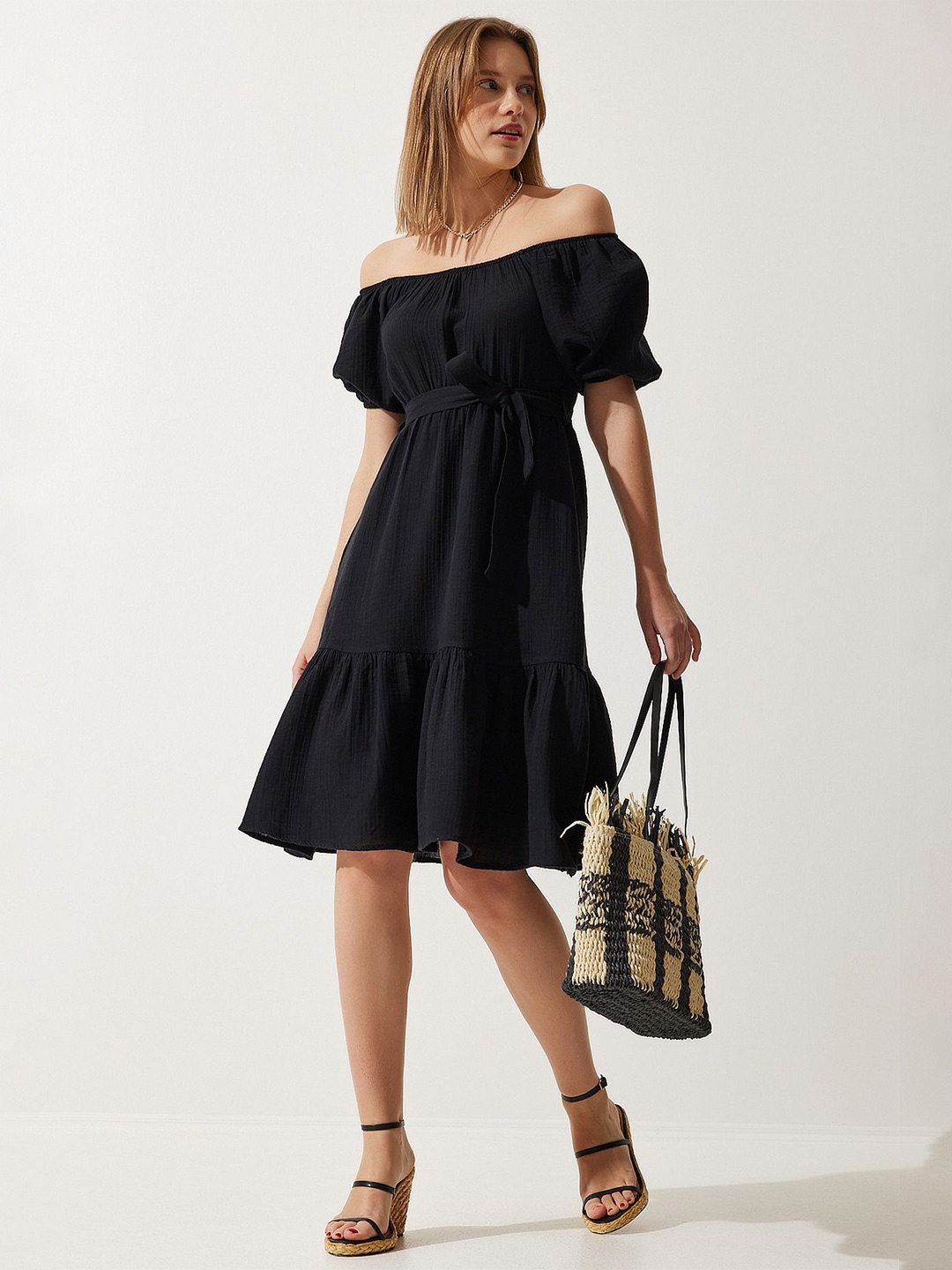 

Happiness istanbul Off-Shoulder Puff Sleeve Cotton A-Line Dress, Black