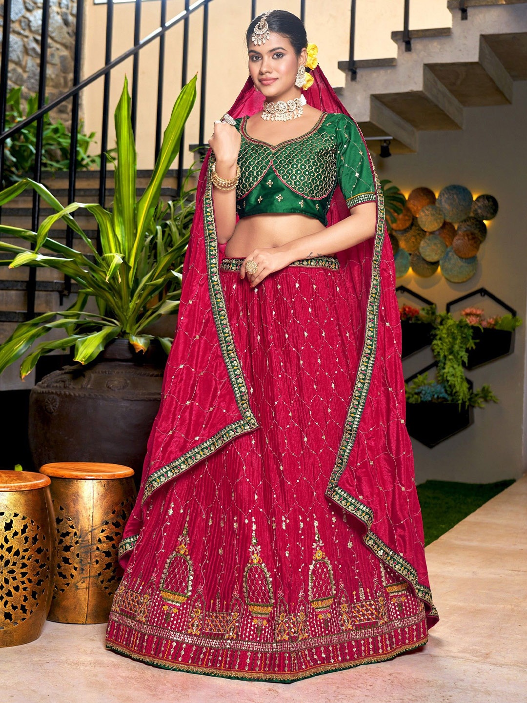 

VARNI FABRICS Embroidered Semi-Stitched Lehenga & Unstitched Blouse With Dupatta, Red