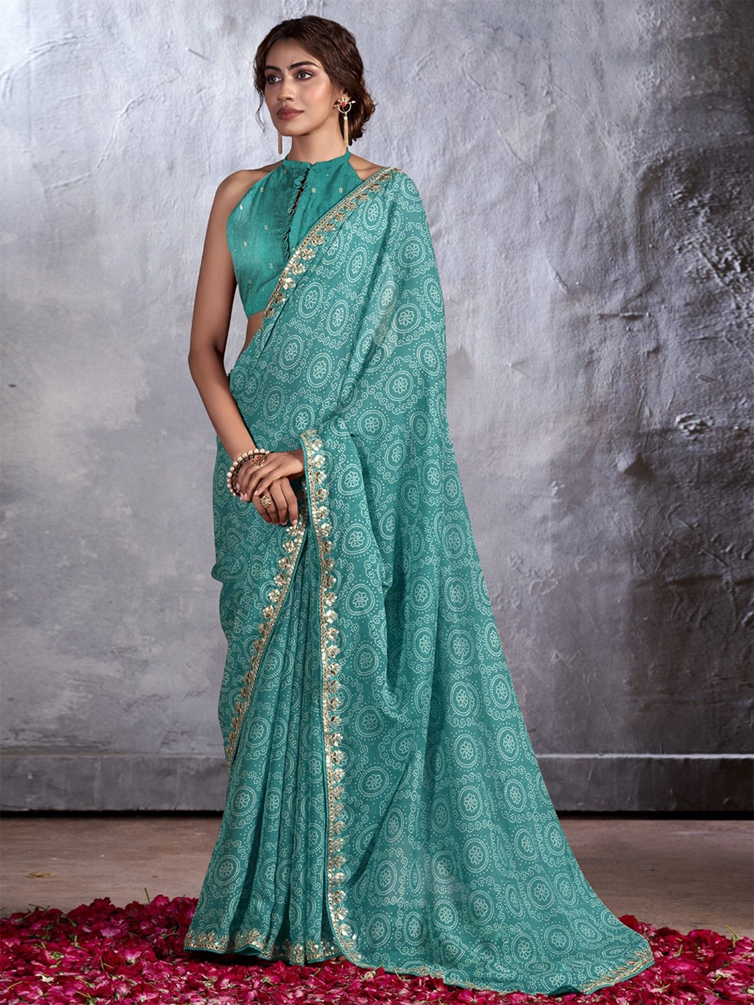 

KALINI Bandhani Sequinned Poly Chiffon Saree, Blue