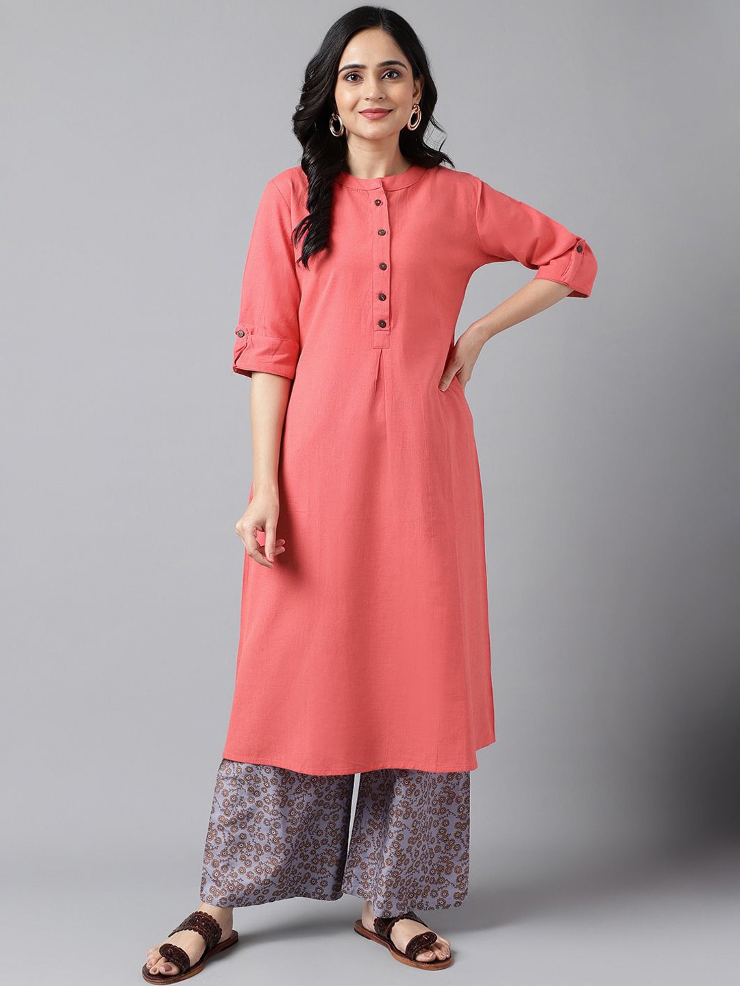 

KALINI Mandarin Collar Pure Cotton Straight Kurta With Palazzos, Peach