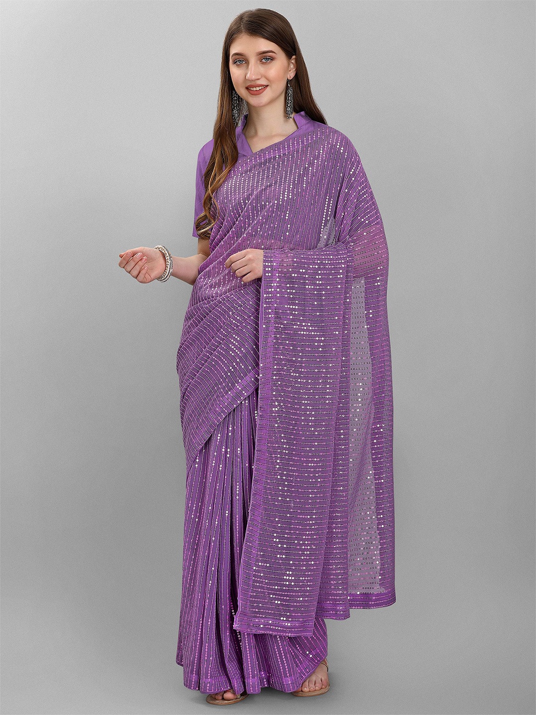 

Anouk Striped Sequinned Saree With Embellished Border, Purple