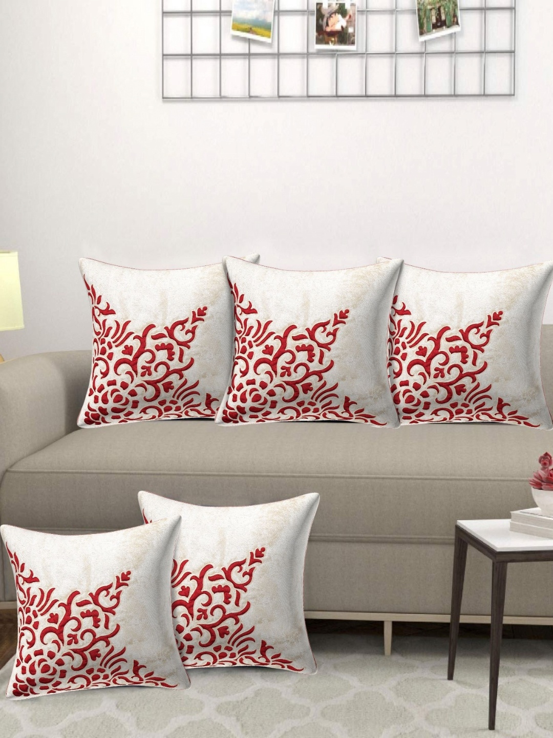 

Creeva Cream Colored & Red 5 Pieces Quirky Printed Velvet Square Cushion Covers