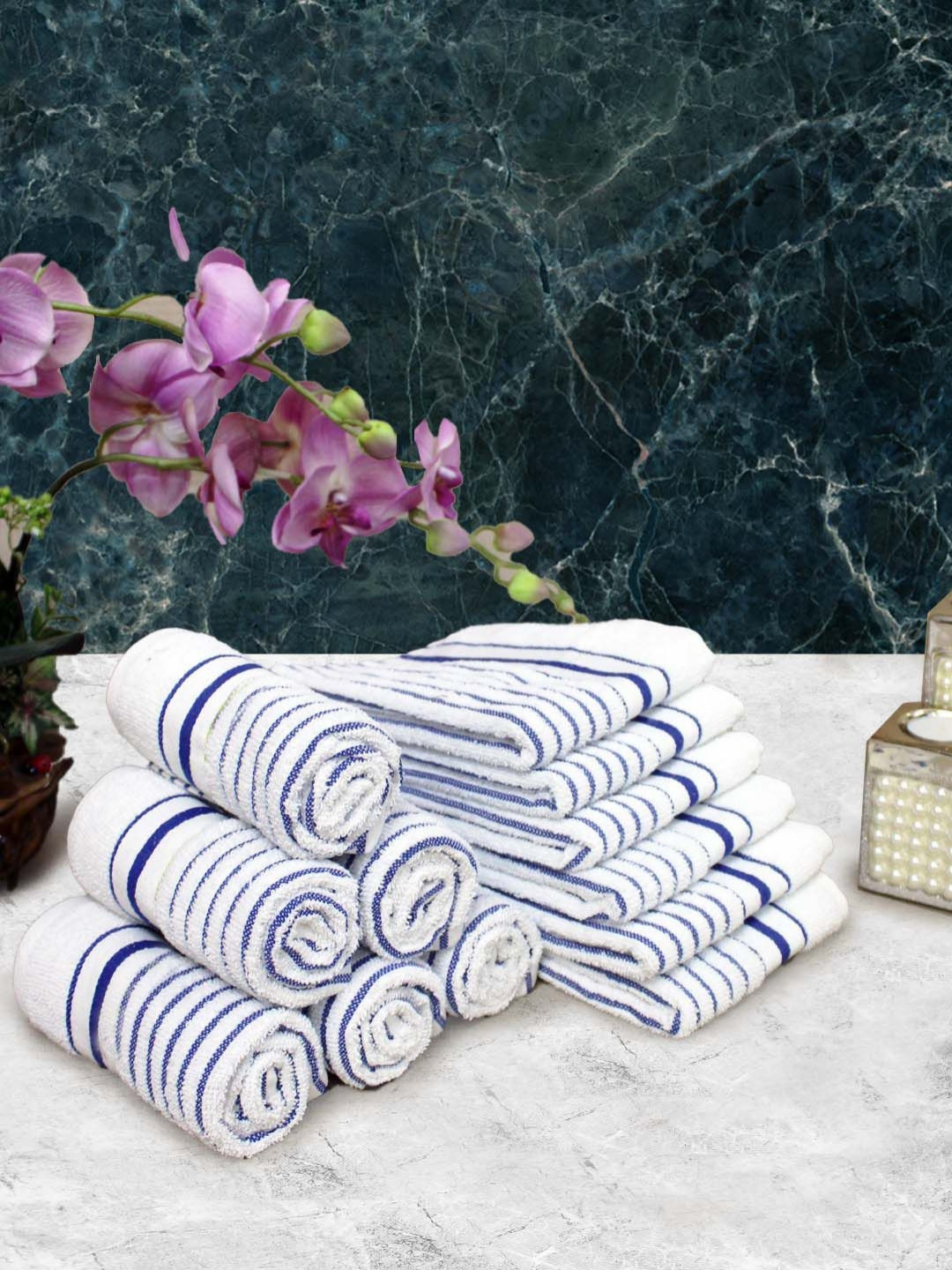 

Aura White & Blue 12 Pieces Striped Pure Cotton 150 GSM Hand Towels
