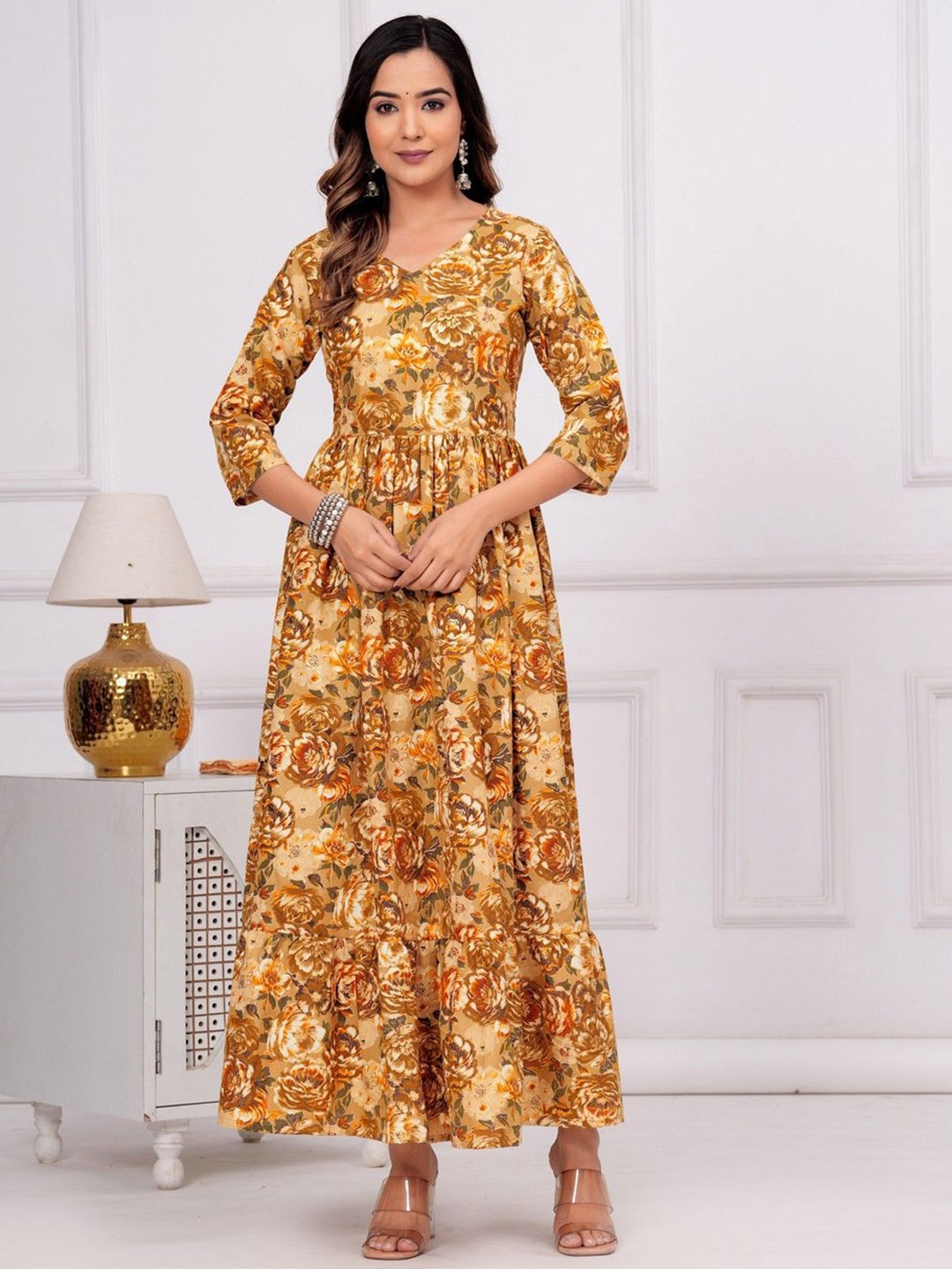 

OKD Empires Floral Printed V-Neck Tiered Anarkali Kurta, Brown