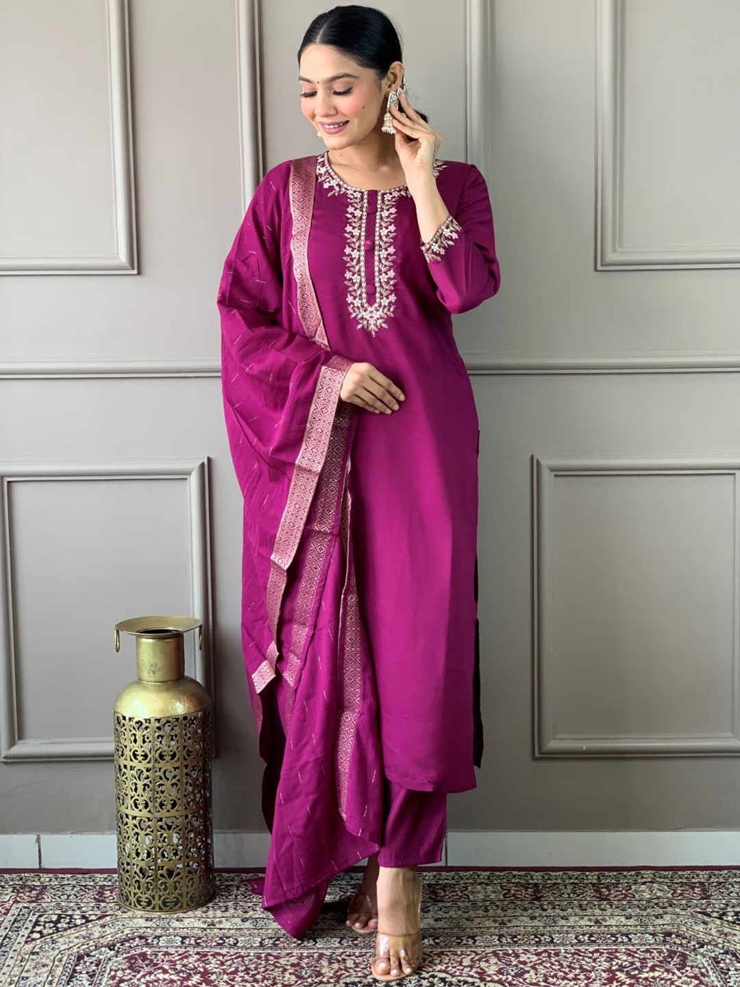 

KALINI Floral Yoke Design Beads and Stones Chanderi Silk Kurta with Trousers & Dupatta, Purple