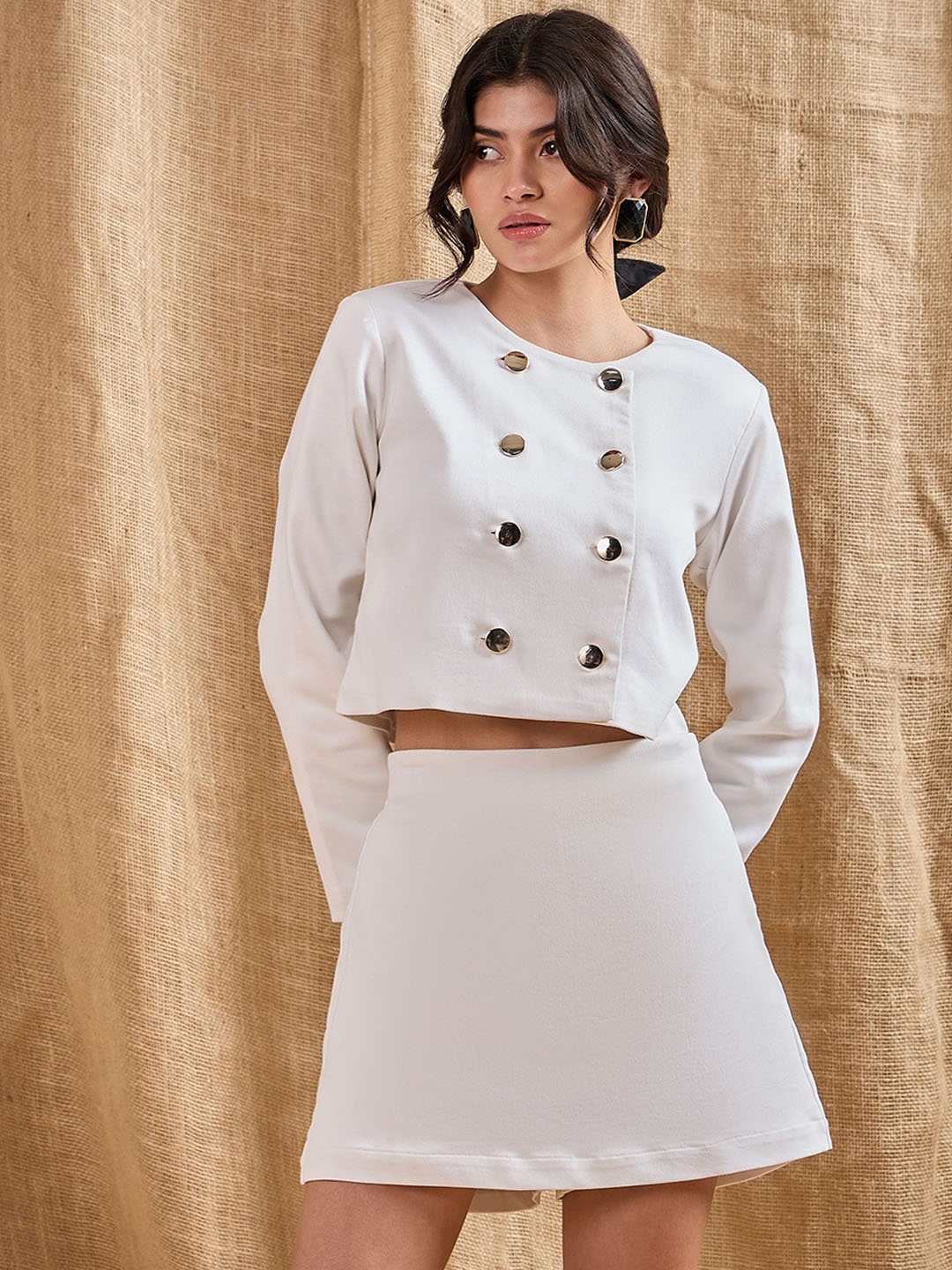 

SASSAFRAS Double Breasted Crop Blazer With Skort Co-Ords, White