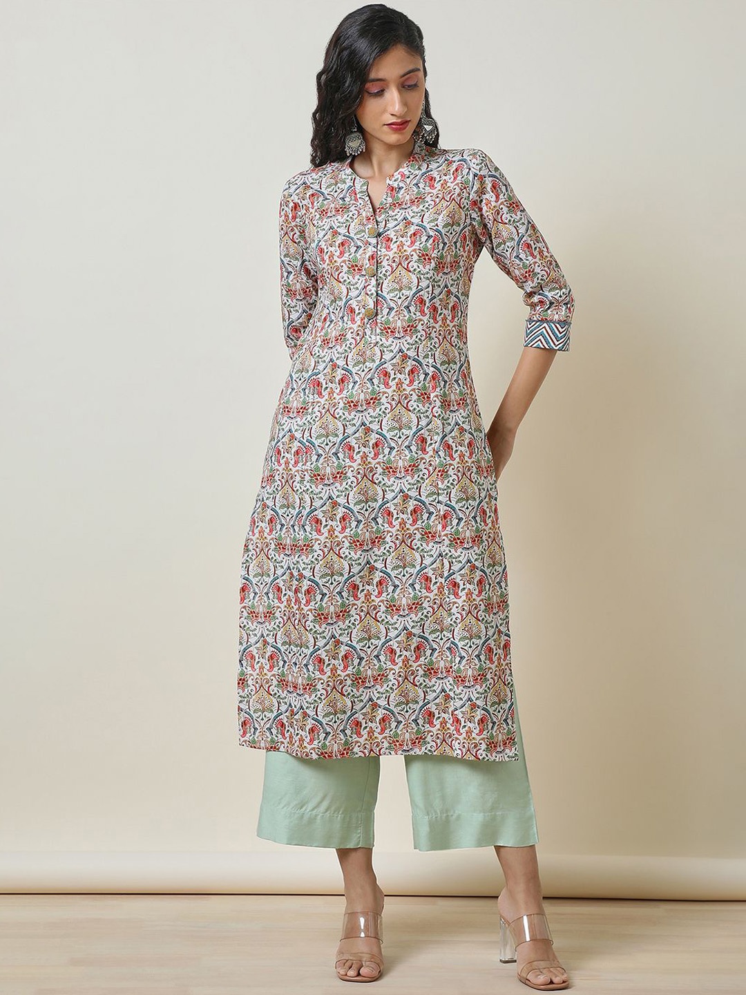 

Soch Ethnic Motifs Printed Pure Linen Kurta, Cream