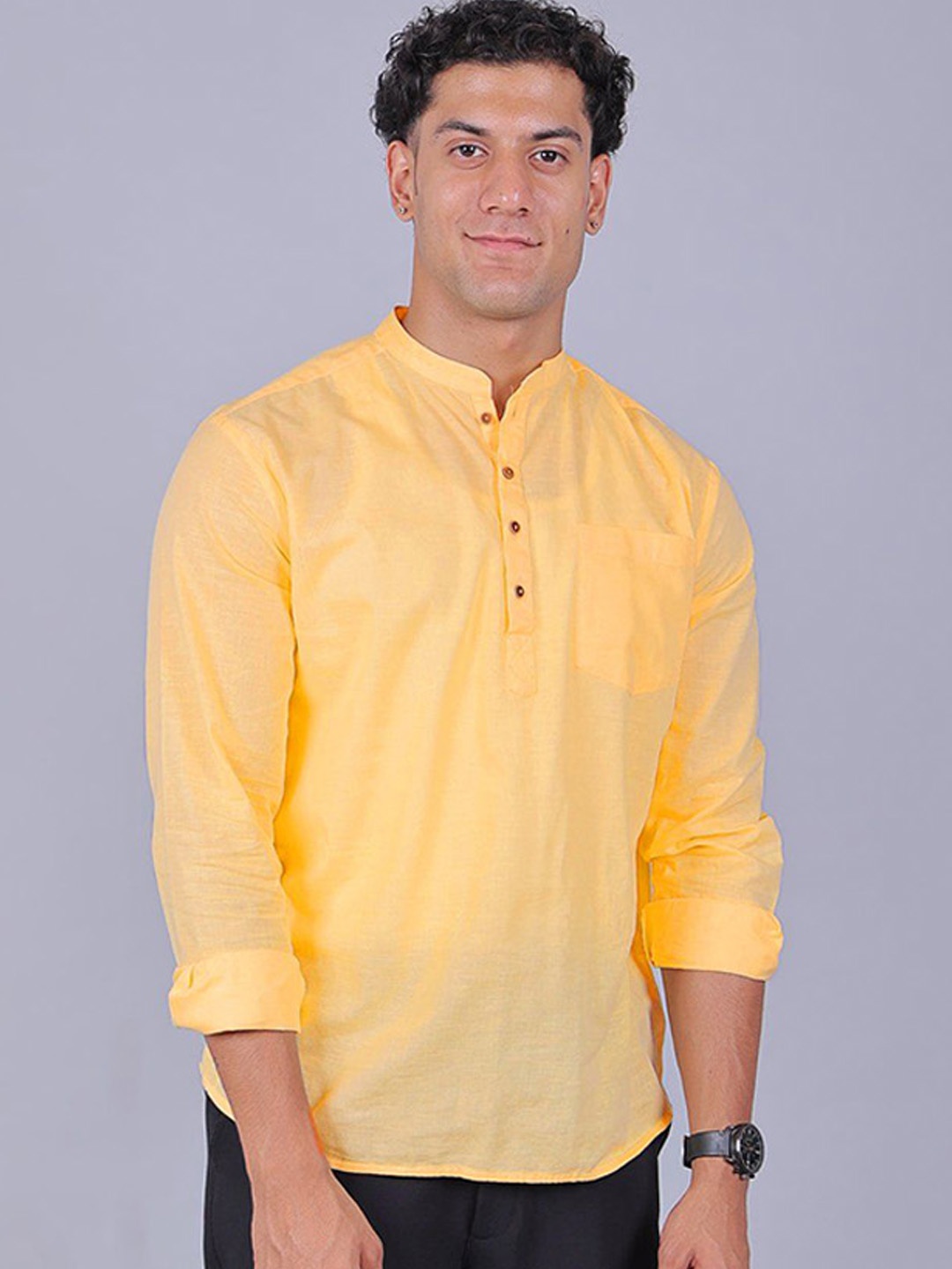 

BLUEBIRD Mandarin Collar Pure Cotton Kurta, Yellow