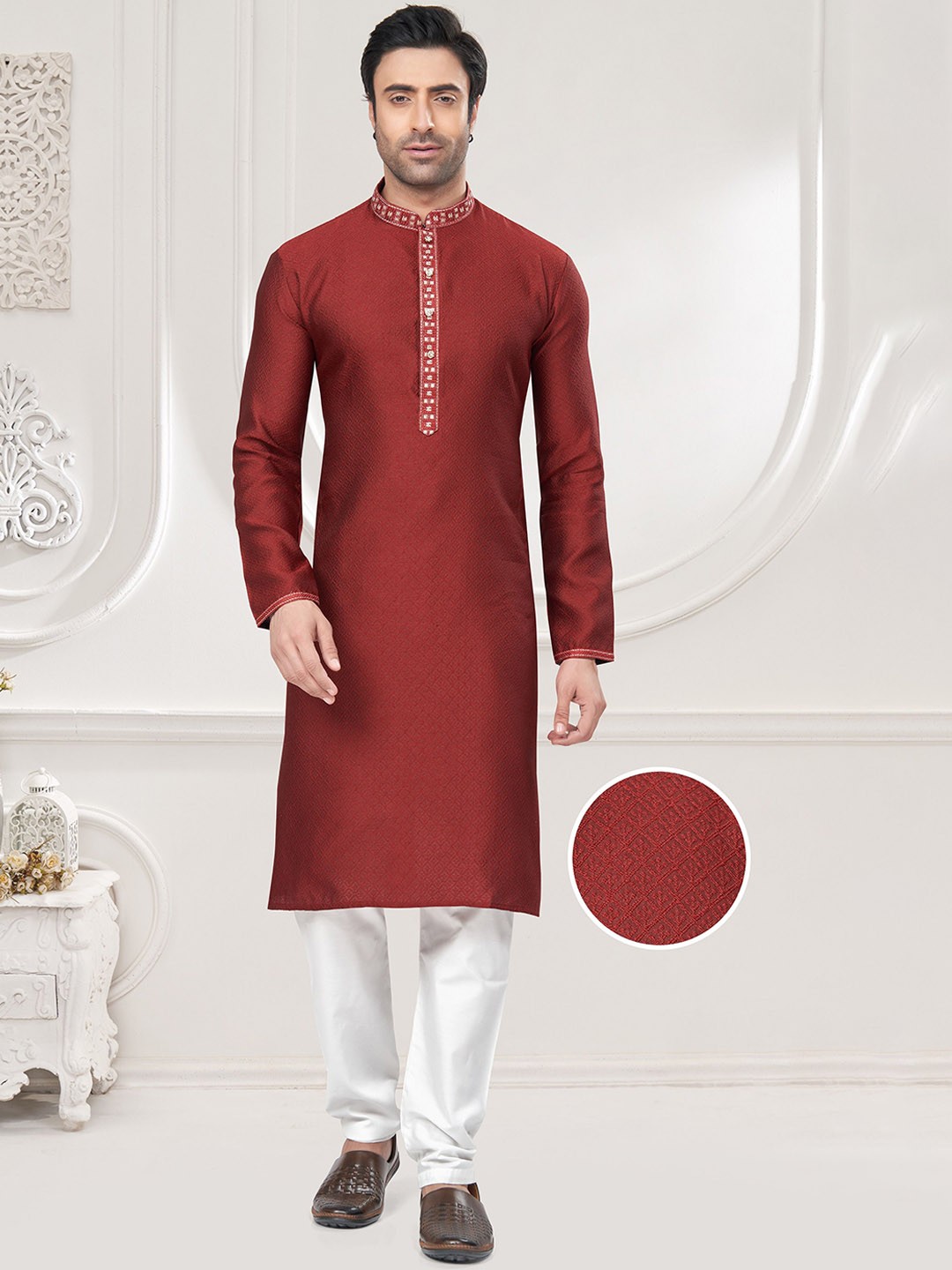 

BERISTON Floral Woven Design Thread Work Jacquard Straight Kurta with Pyjamas, Red