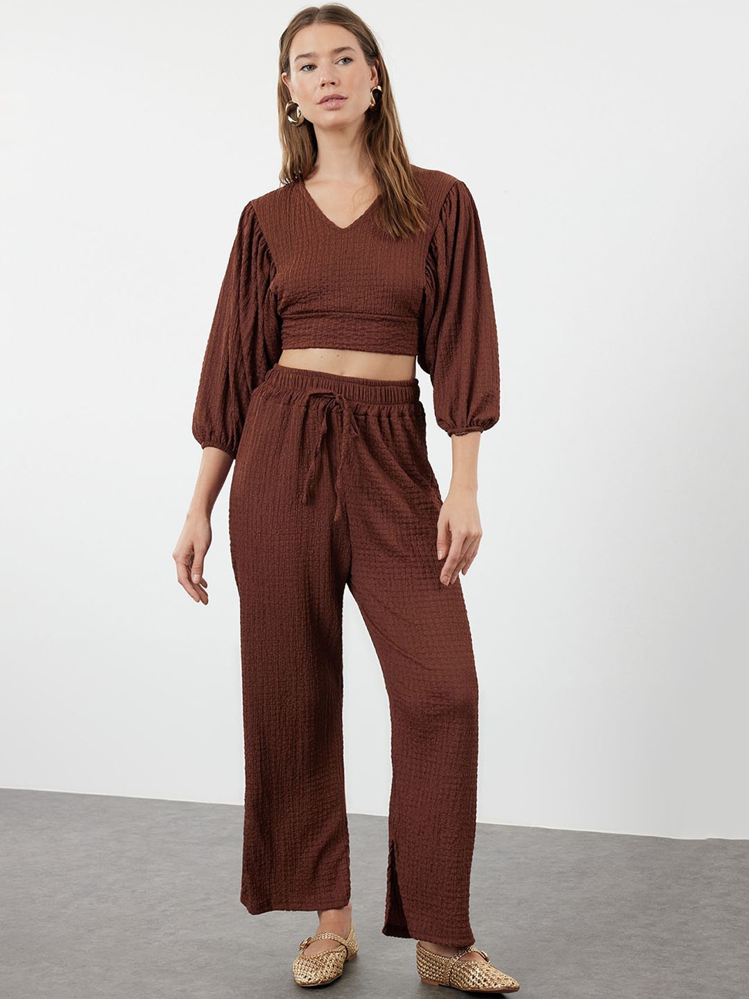 

Trendyol Self Design V Neck Puff Sleeves Top With Trousers, Brown