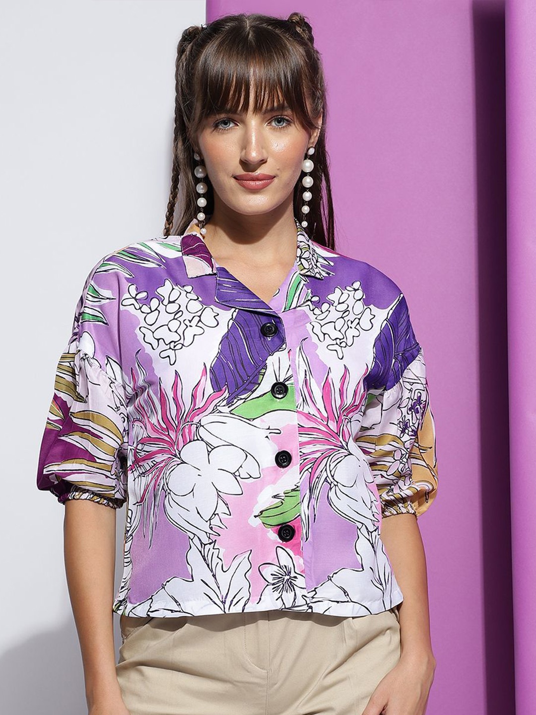 

FashionsEye Print Bishop Sleeves Boxy Crop Top, Purple