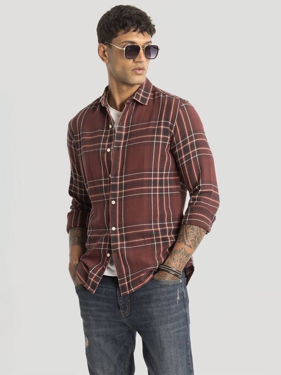 

Snitch Men Smart Slim Fit Opaque Checked Casual Shirt, Brown